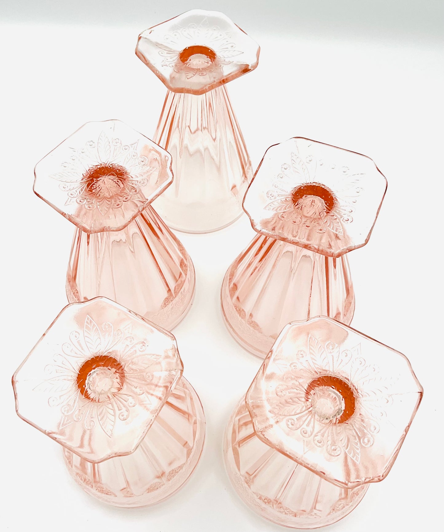 Vintage Jeannette Glass Pink Floral Blossom Square Footed Tumbler - Set of 5