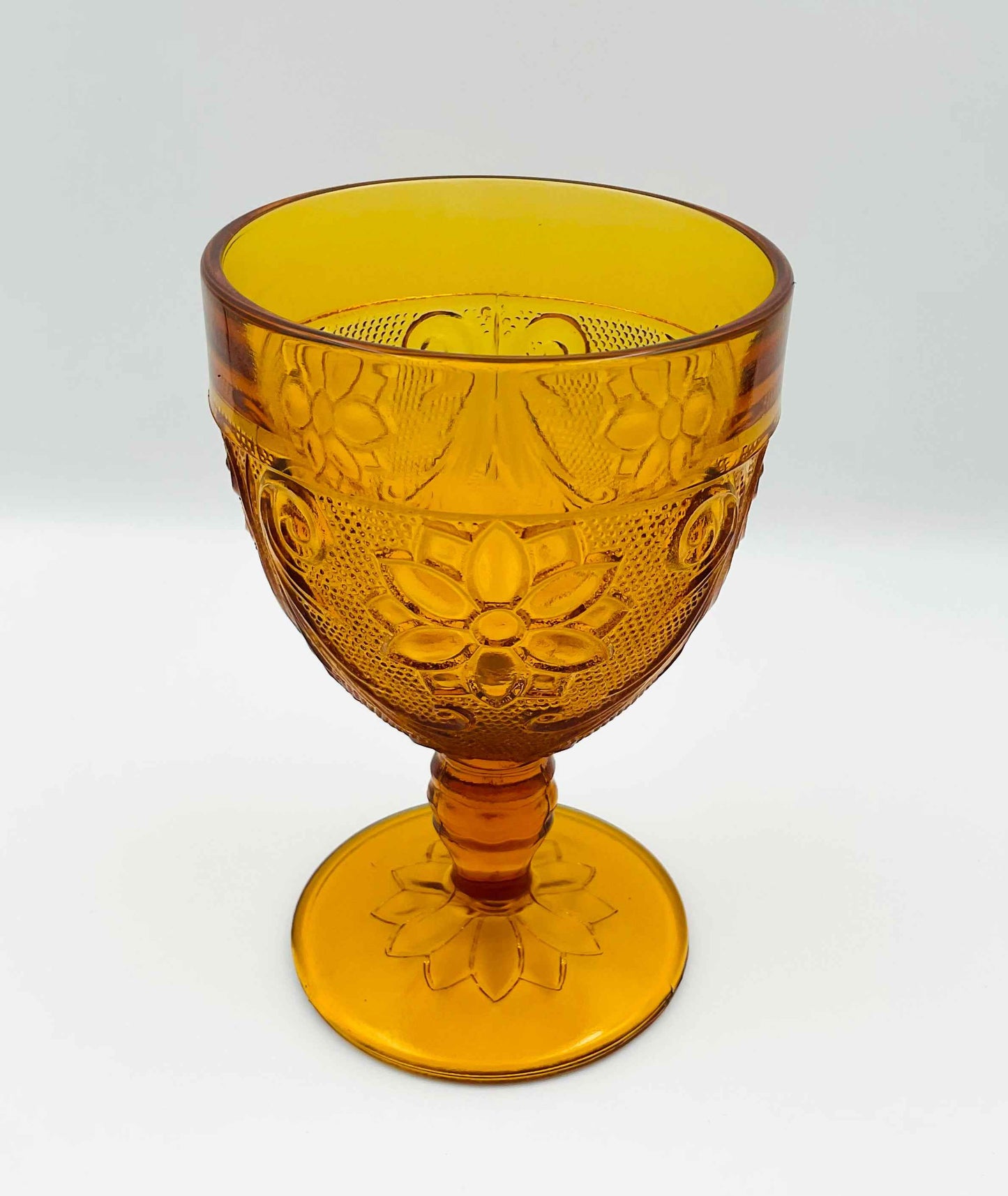 Vintage Tiara Chantilly Daisy Sandwich Amber Indiana Glass Footed Goblets - Set of 2