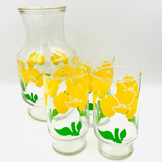 Anchor Hocking Foxy / Yellow Poppy Glass Pitcher and 3 Tumblers