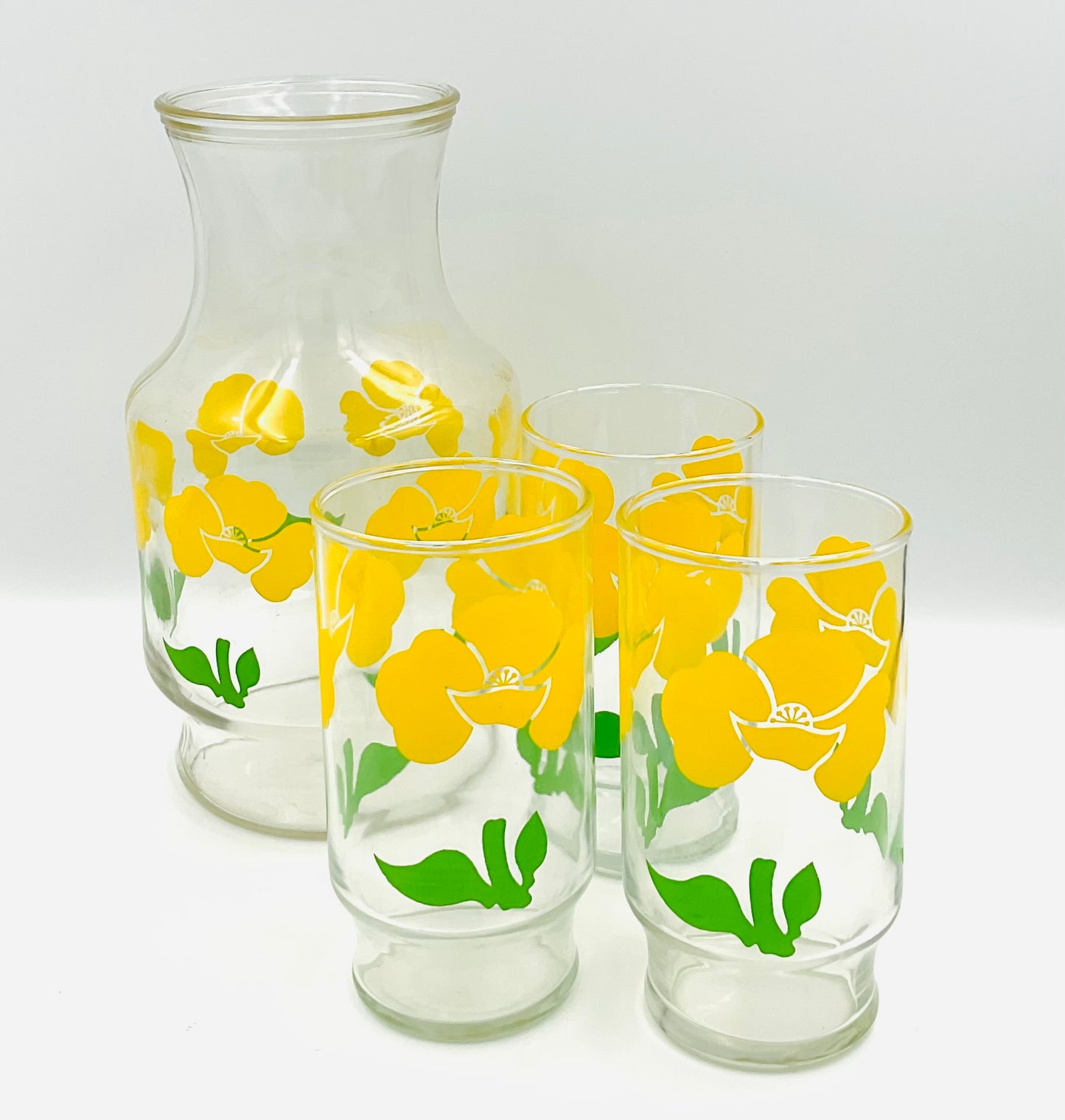 Anchor Hocking Foxy / Yellow Poppy Glass Pitcher and 3 Tumblers