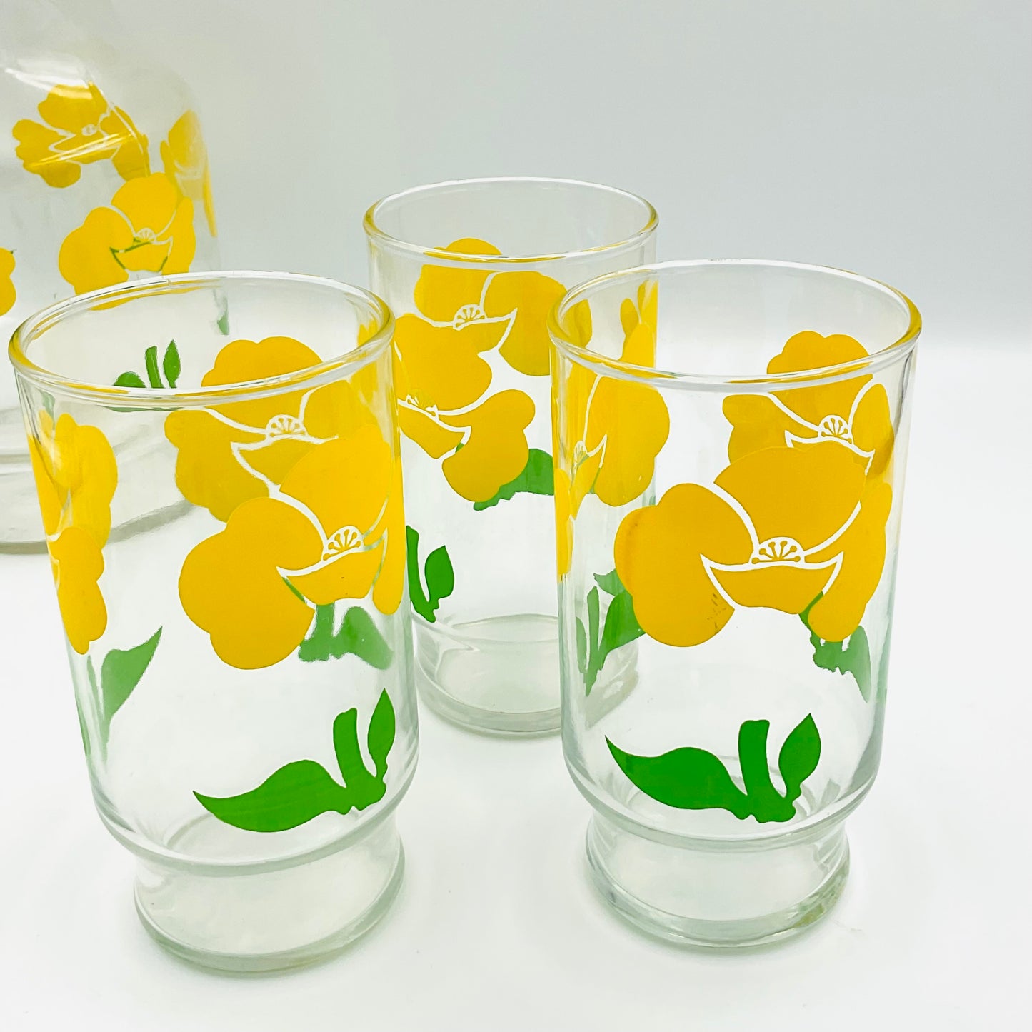 Anchor Hocking Foxy / Yellow Poppy Glass Pitcher and 3 Tumblers