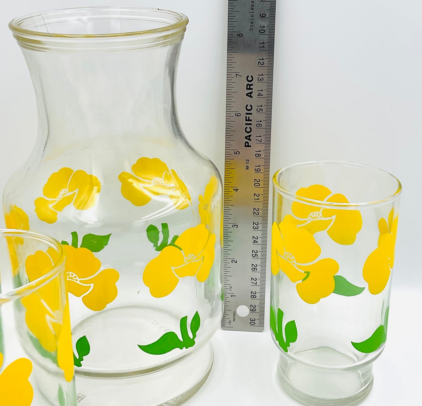 Anchor Hocking Foxy / Yellow Poppy Glass Pitcher and 3 Tumblers