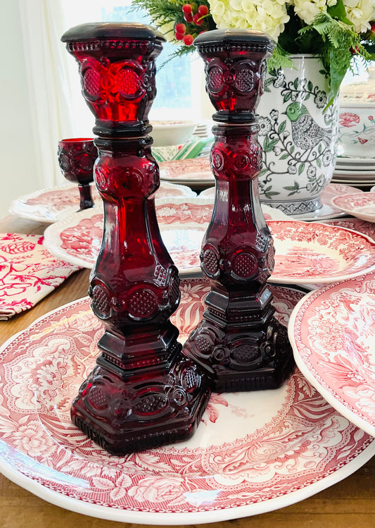 Vintage Avon 1876 Cape Cod Ruby Red Glass Candlestick Holder - Set of 2