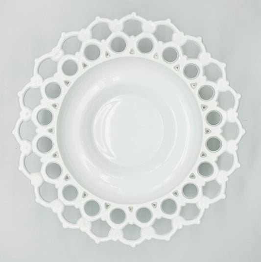 Vintage Milk Glass Footed Lattice Edge Bowl