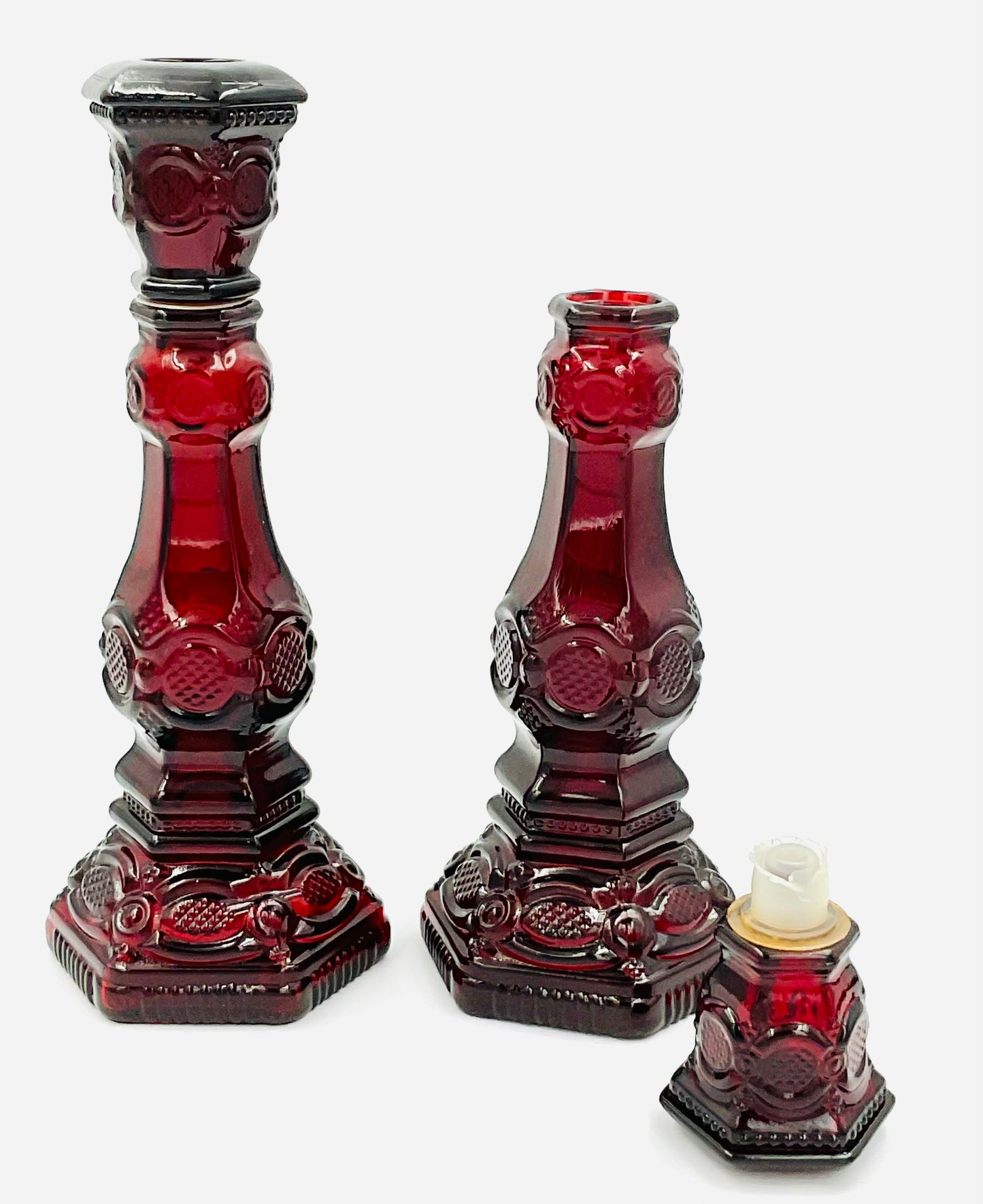 Vintage Avon 1876 Cape Cod Ruby Red Glass Candlestick Holder - Set of 2