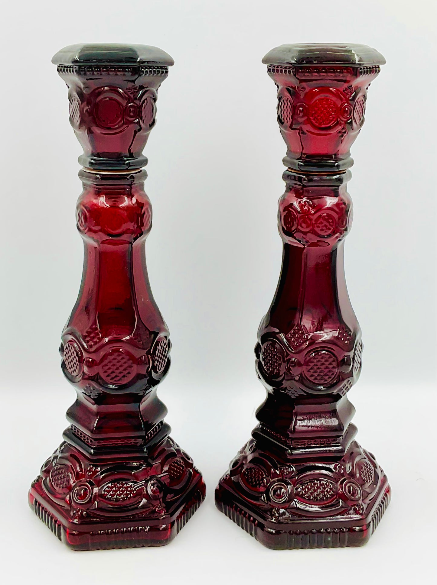 Vintage Avon 1876 Cape Cod Ruby Red Glass Candlestick Holder - Set of 2