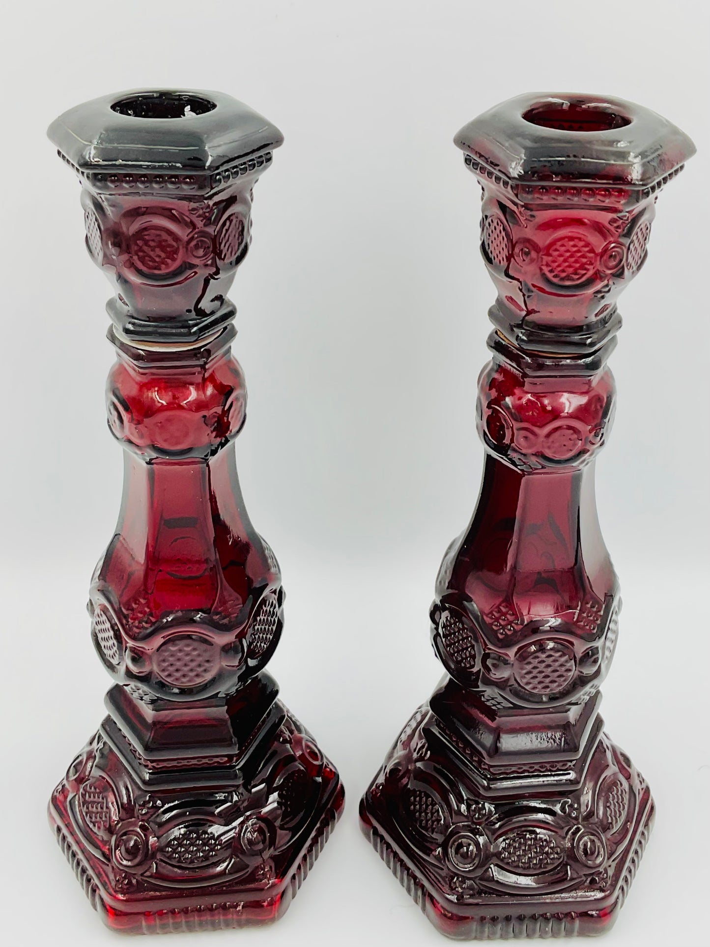 Vintage Avon 1876 Cape Cod Ruby Red Glass Candlestick Holder - Set of 2