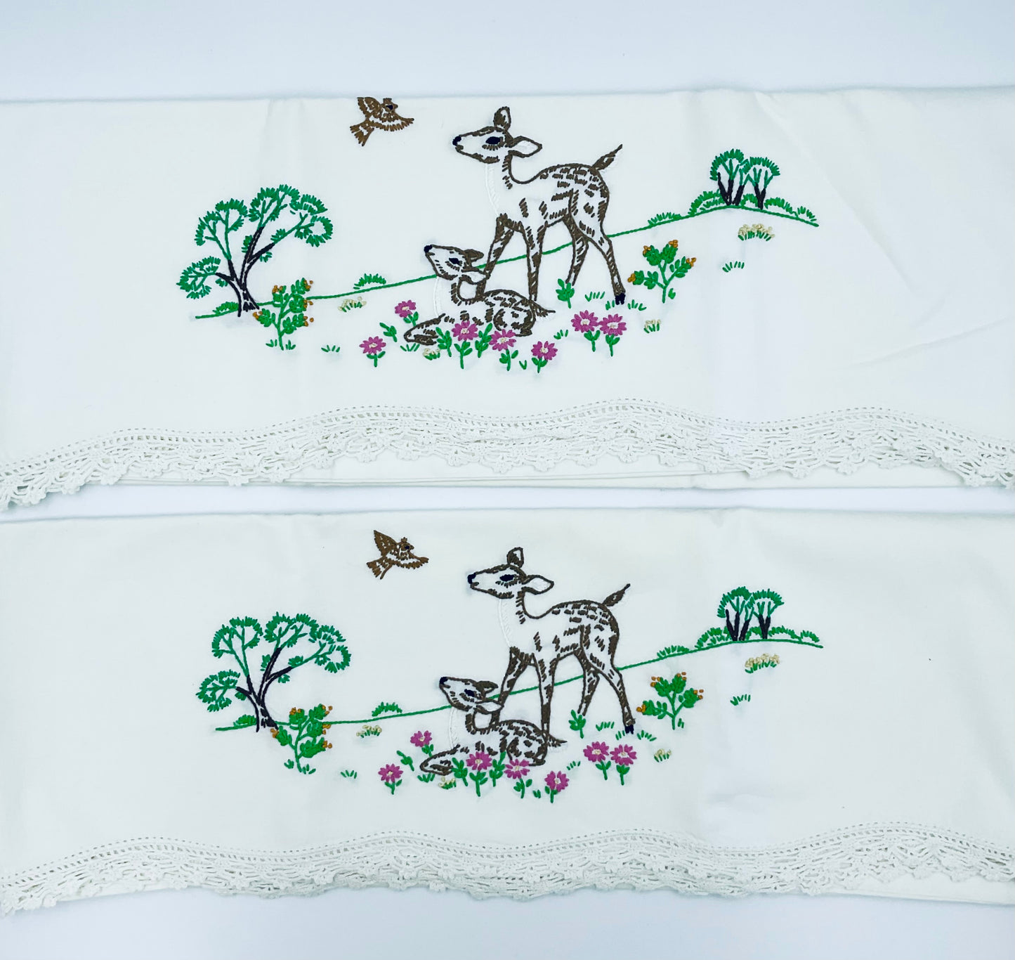 Vintage Hand Embroidered Deer Cotton Pillow Cases - Set of 2