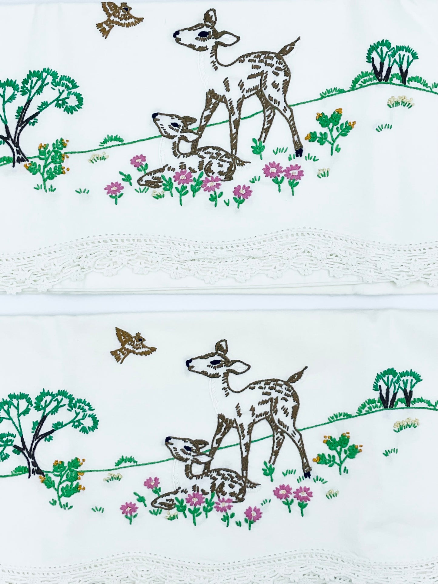 Vintage Hand Embroidered Deer Cotton Pillow Cases - Set of 2
