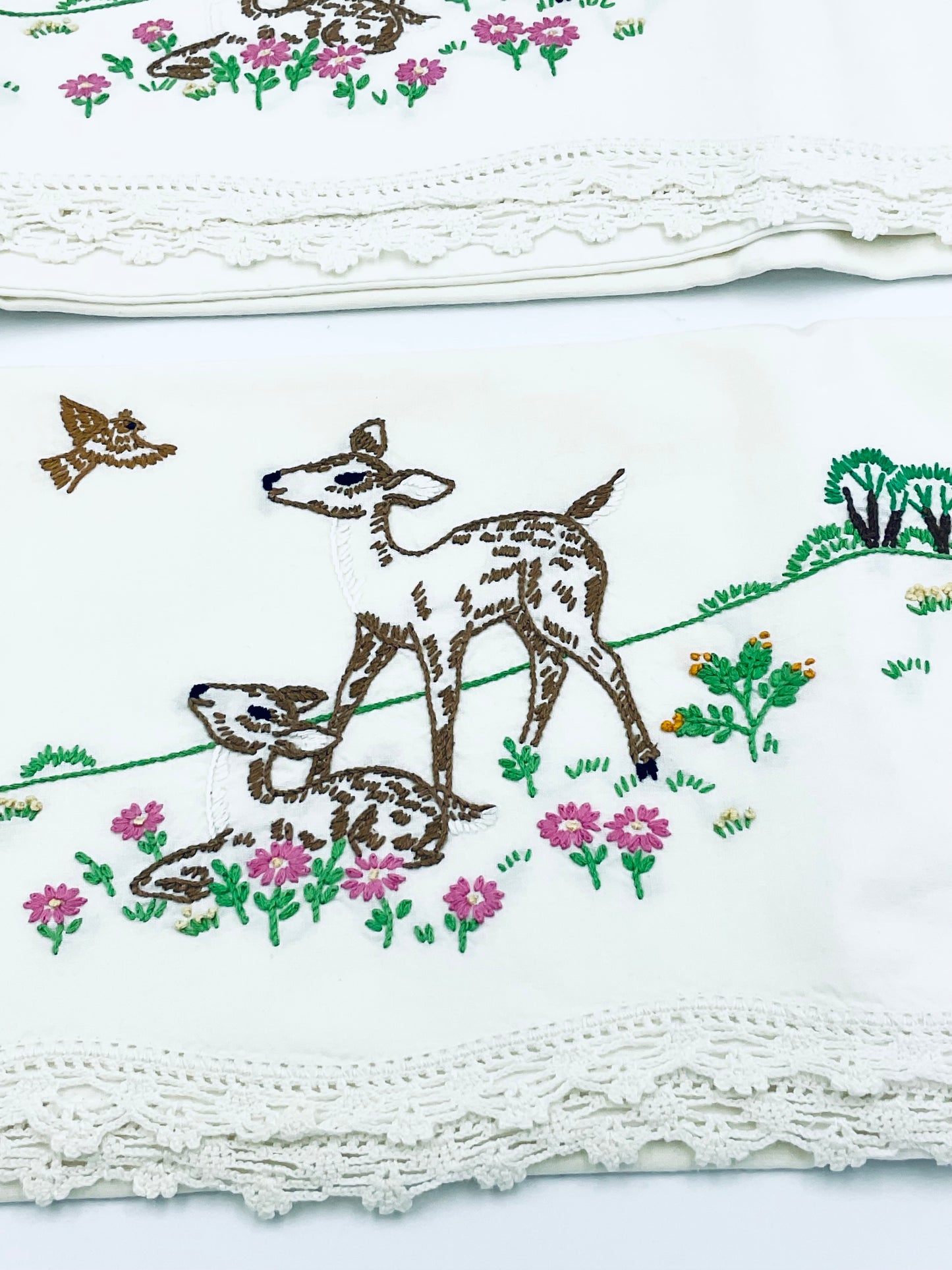 Vintage Hand Embroidered Deer Cotton Pillow Cases - Set of 2