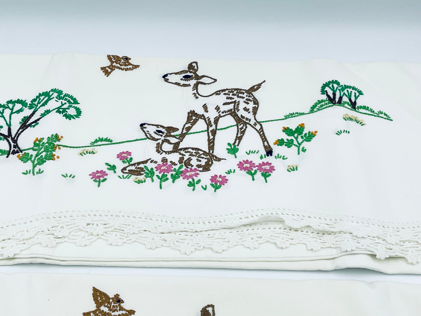 Vintage Hand Embroidered Deer Cotton Pillow Cases - Set of 2