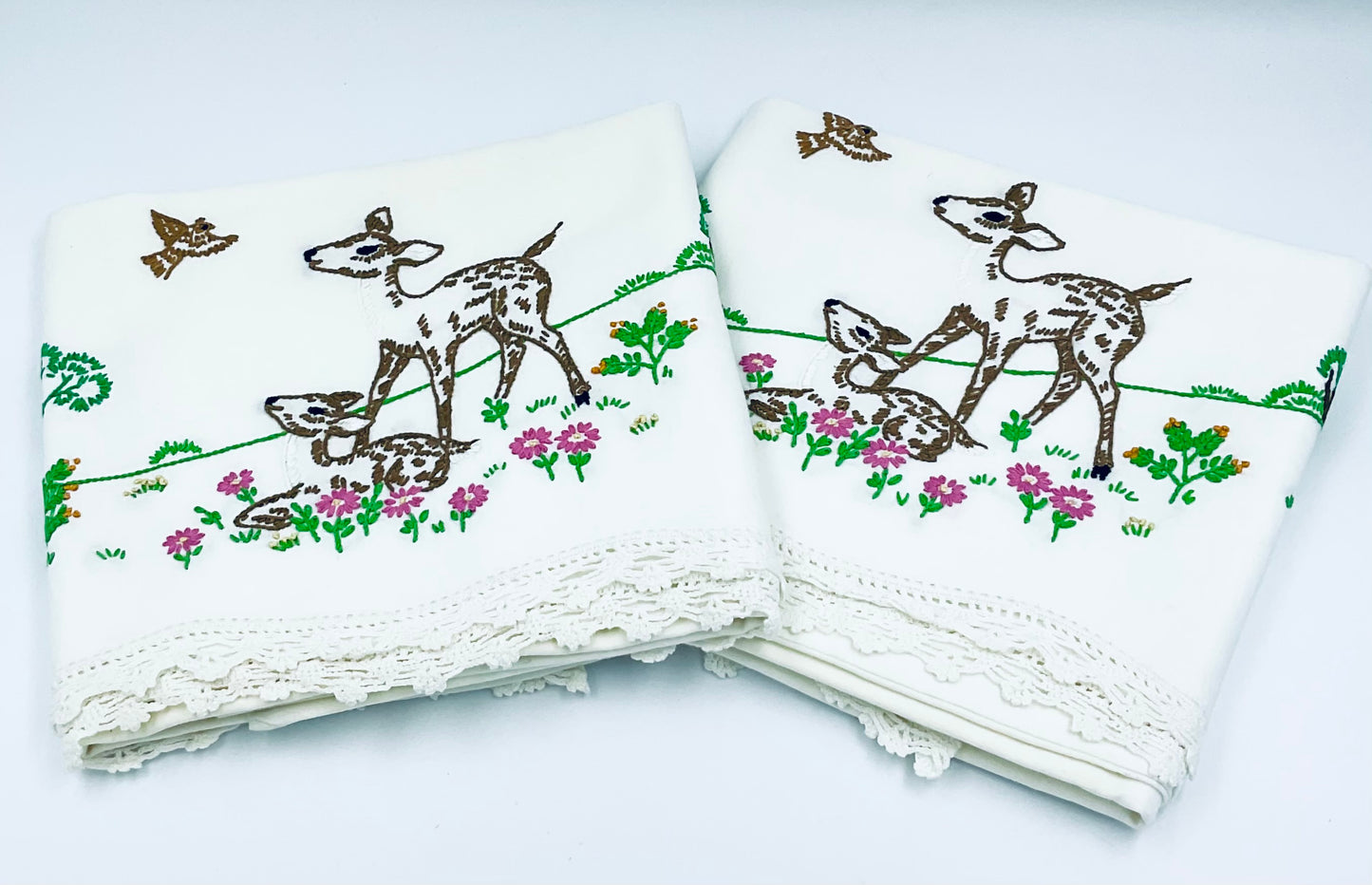 Vintage Hand Embroidered Deer Cotton Pillow Cases - Set of 2