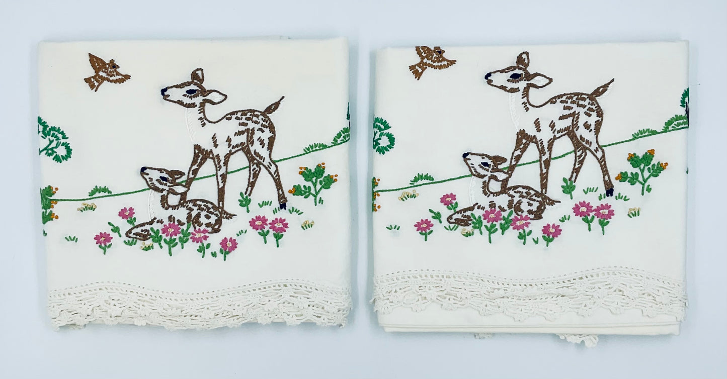 Vintage Hand Embroidered Deer Cotton Pillow Cases - Set of 2