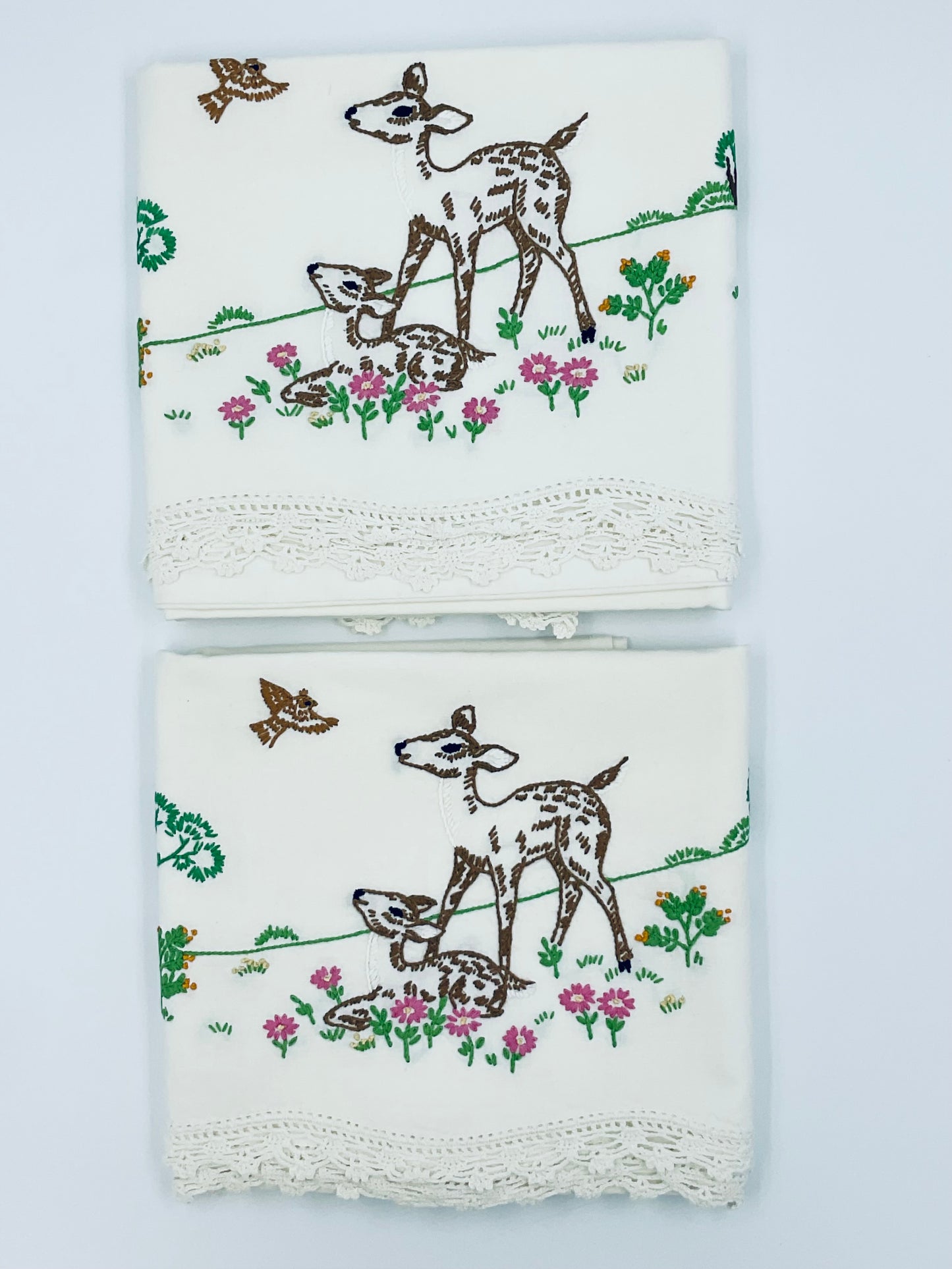 Vintage Hand Embroidered Deer Cotton Pillow Cases - Set of 2