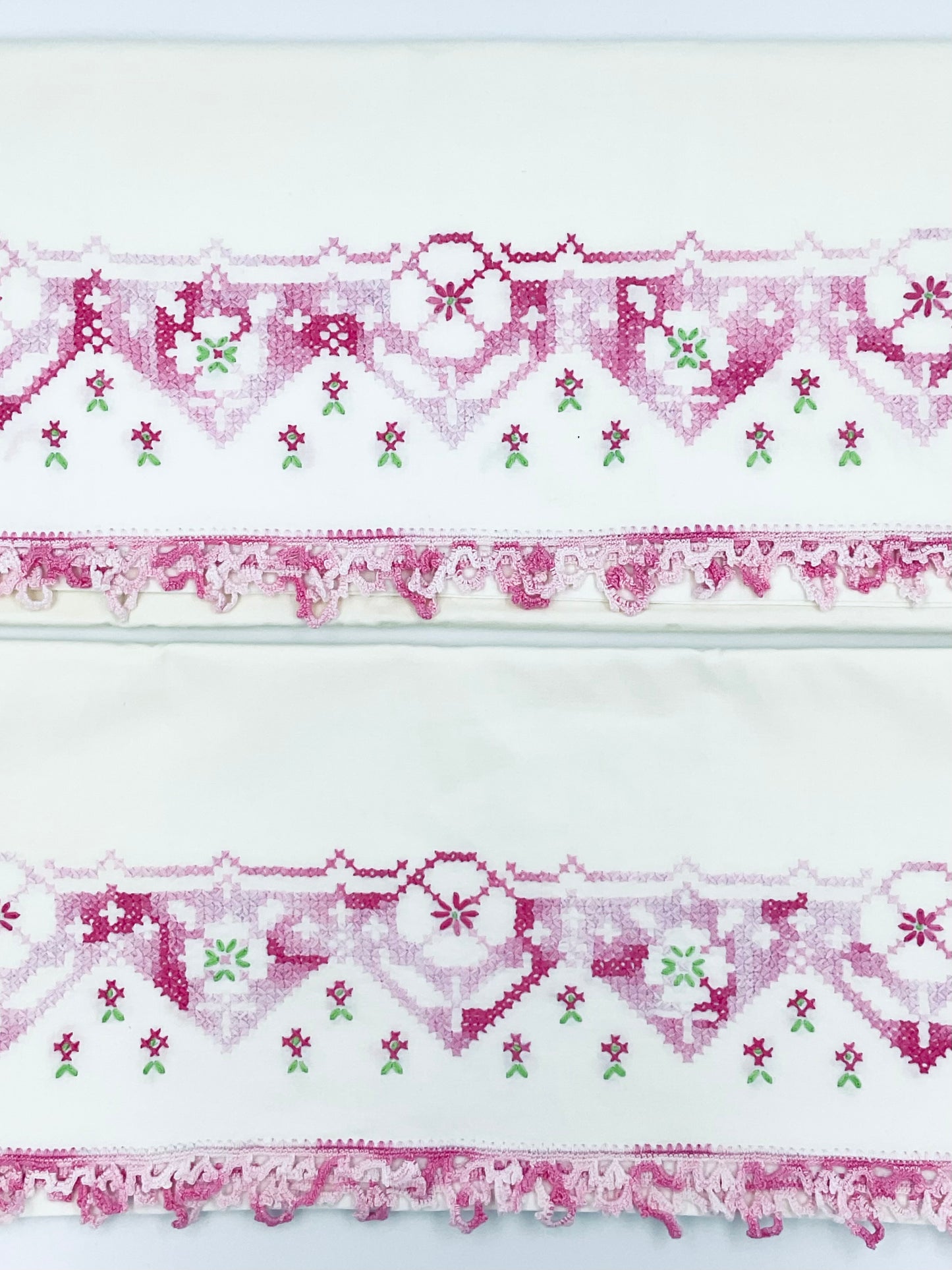 Vintage Pink & White Handmade Embroidered Cotton Pillow Cases - Set of 2