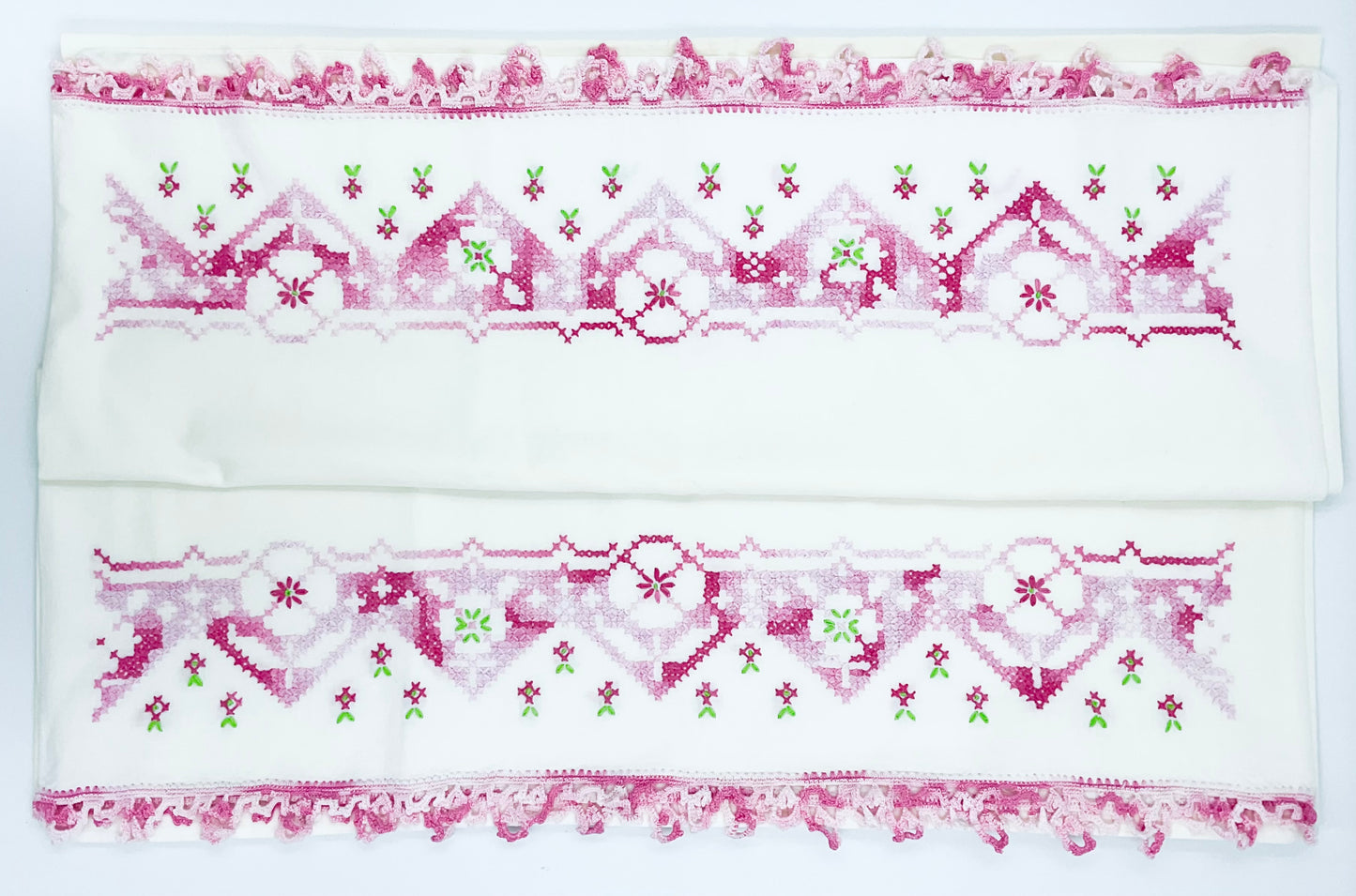 Vintage Pink & White Handmade Embroidered Cotton Pillow Cases - Set of 2