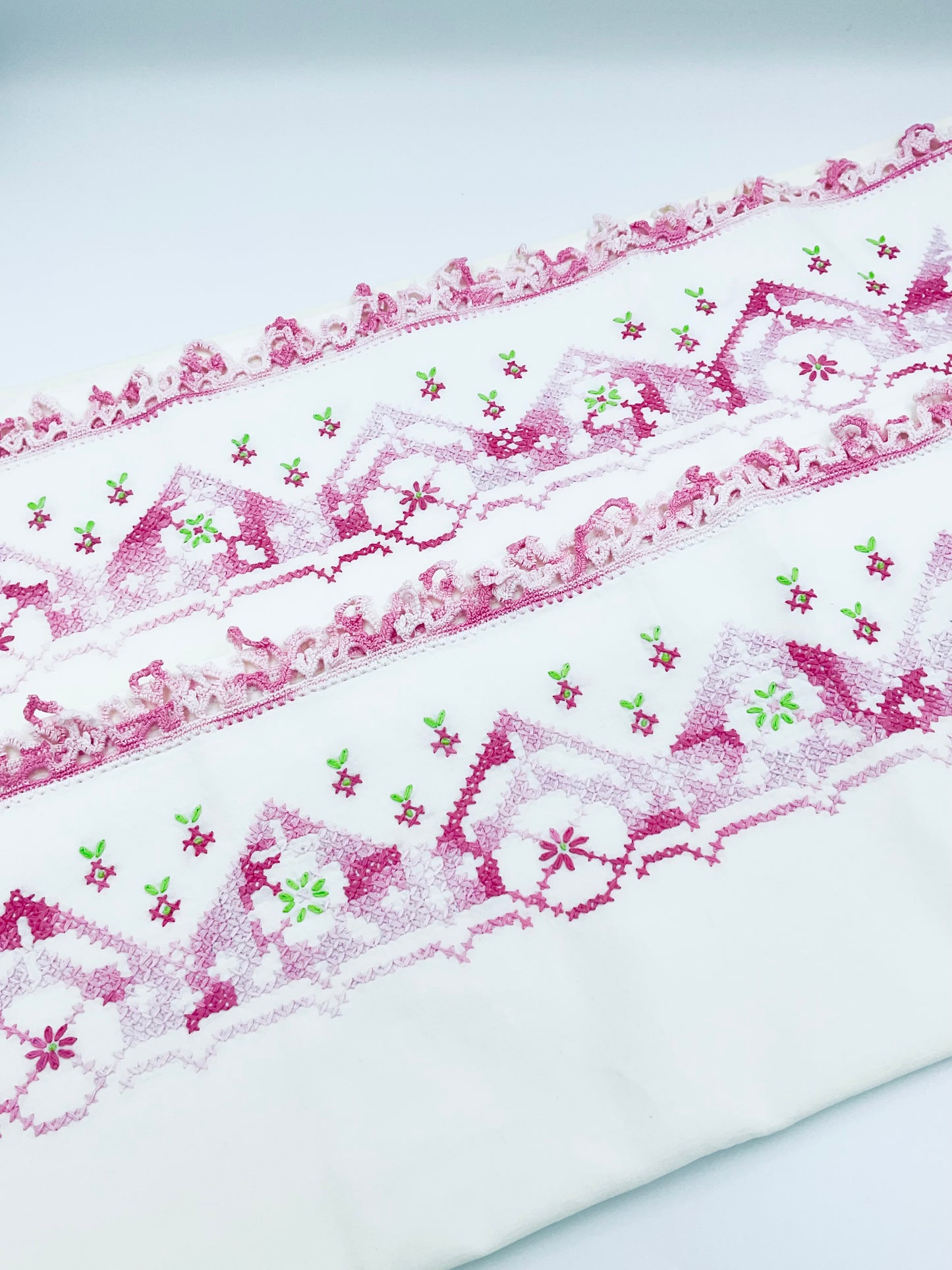 Vintage Pink & White Handmade Embroidered Cotton Pillow Cases - Set of 2