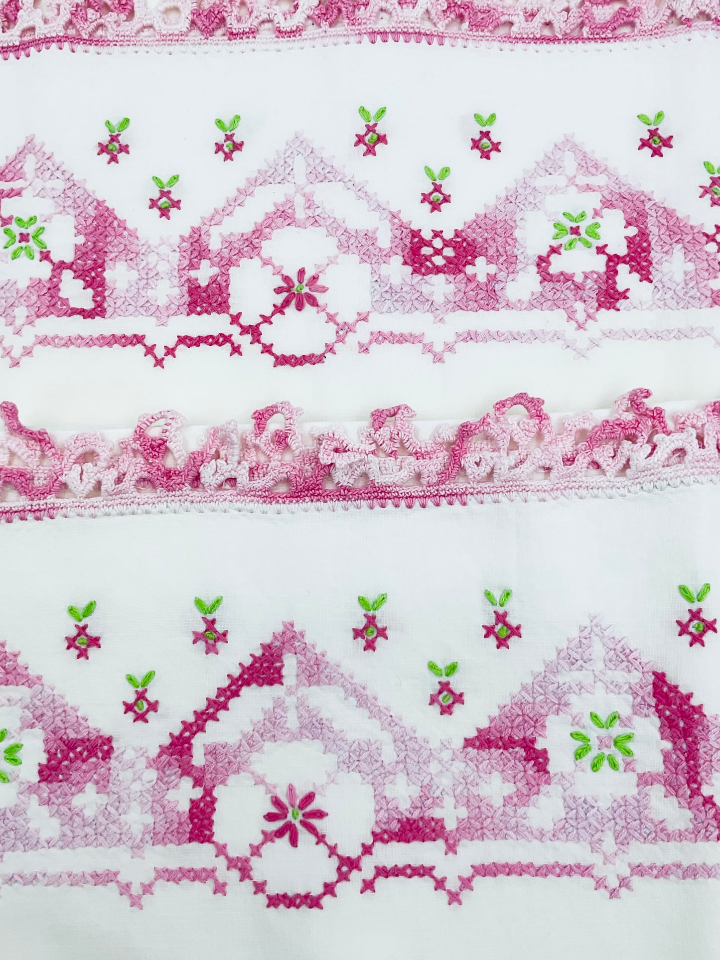 Vintage Pink & White Handmade Embroidered Cotton Pillow Cases - Set of 2