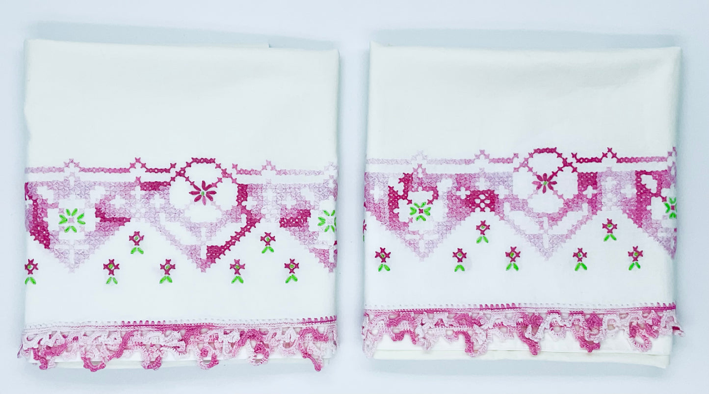 Vintage Pink & White Handmade Embroidered Cotton Pillow Cases - Set of 2