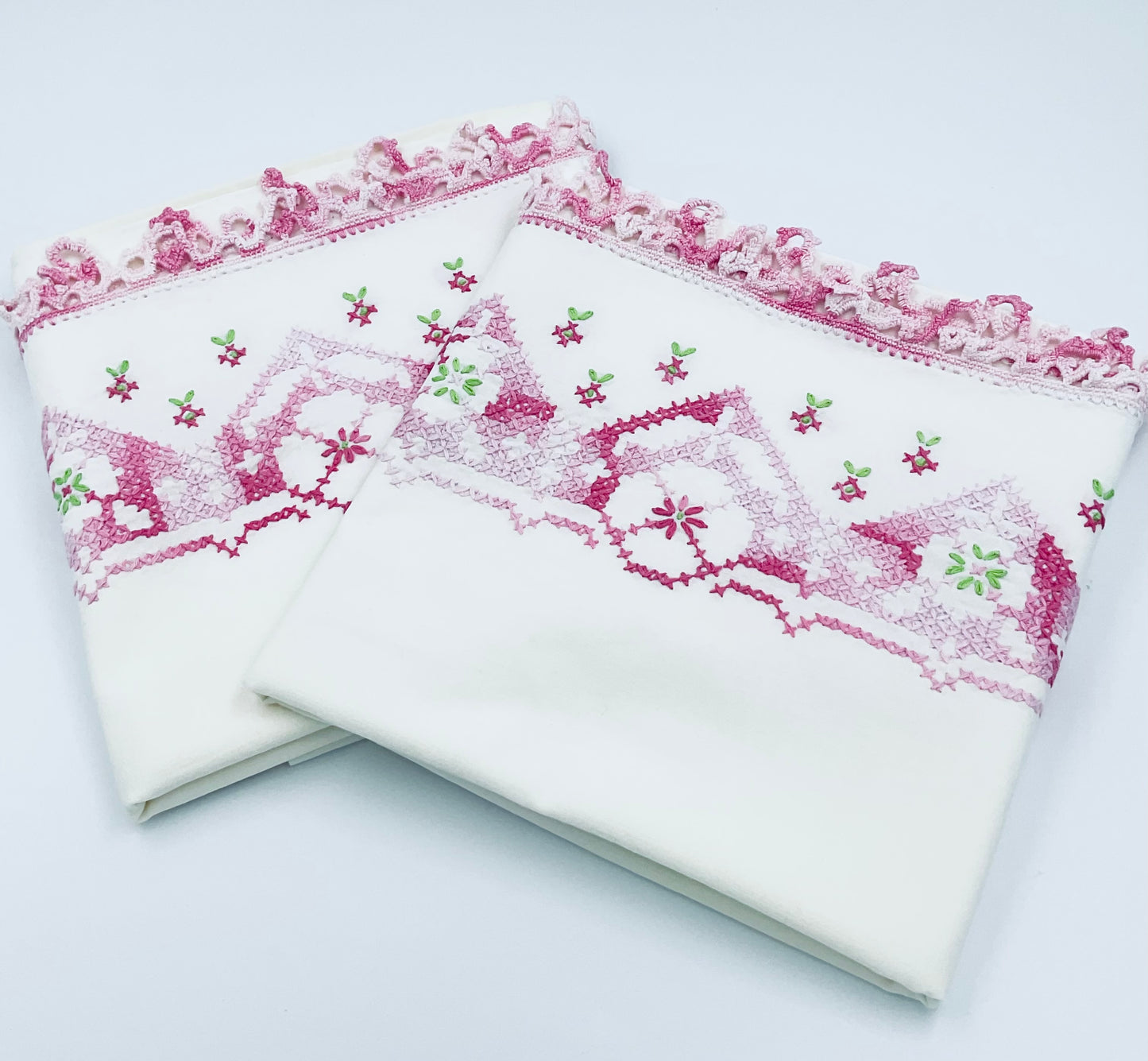 Vintage Pink & White Handmade Embroidered Cotton Pillow Cases - Set of 2