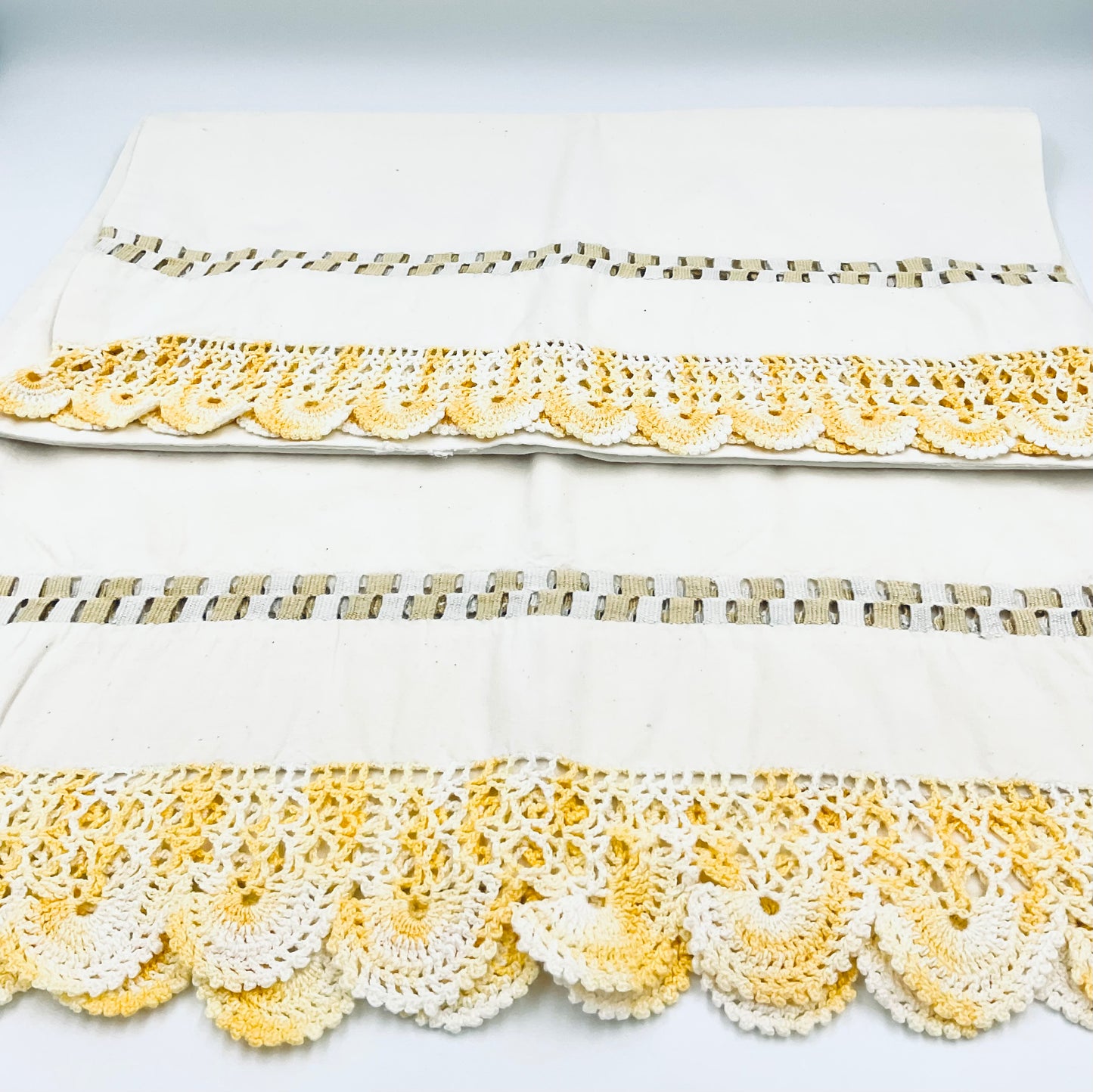 Vintage Yellow Hand Crocheted Cotton Pillow Cases - Set of 2