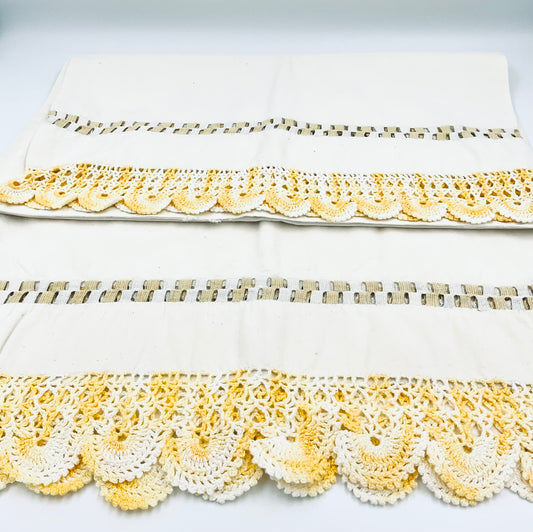 Vintage Yellow Hand Crocheted Cotton Pillow Cases - Set of 2
