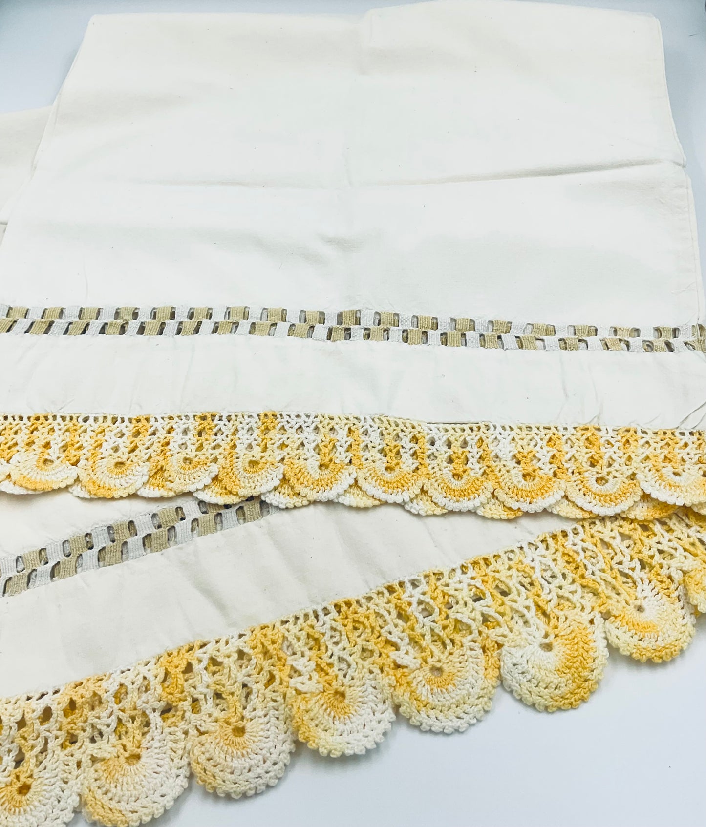 Vintage Yellow Hand Crocheted Cotton Pillow Cases - Set of 2