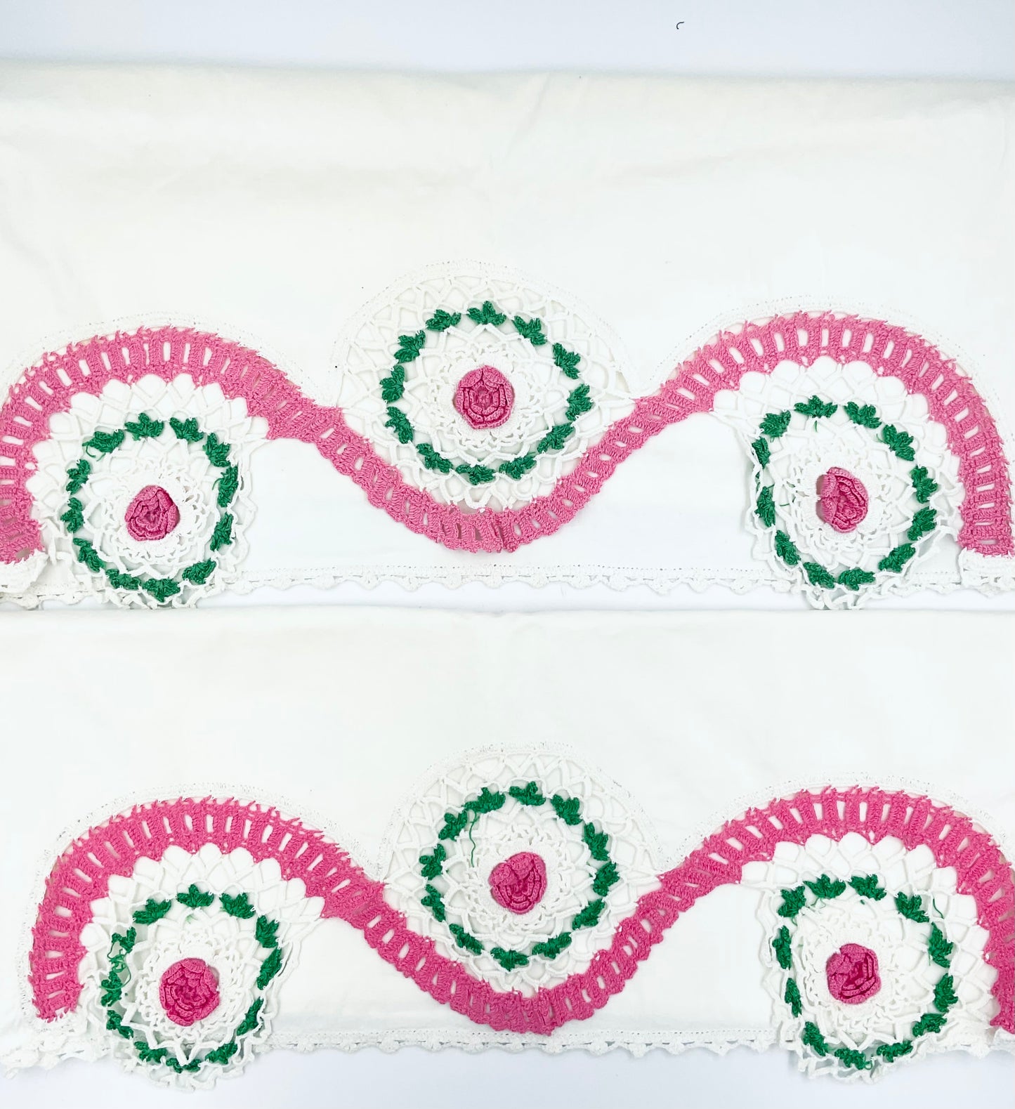 Vintage Pink & White Hand Crocheted Cotton Pillow Cases - Set of 2