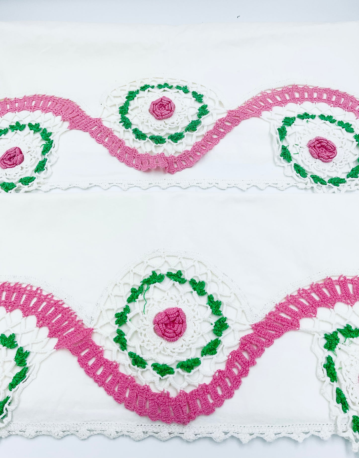 Vintage Pink & White Hand Crocheted Cotton Pillow Cases - Set of 2