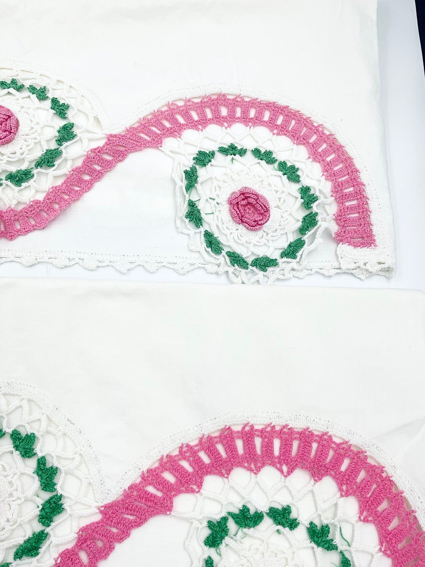 Vintage Pink & White Hand Crocheted Cotton Pillow Cases - Set of 2