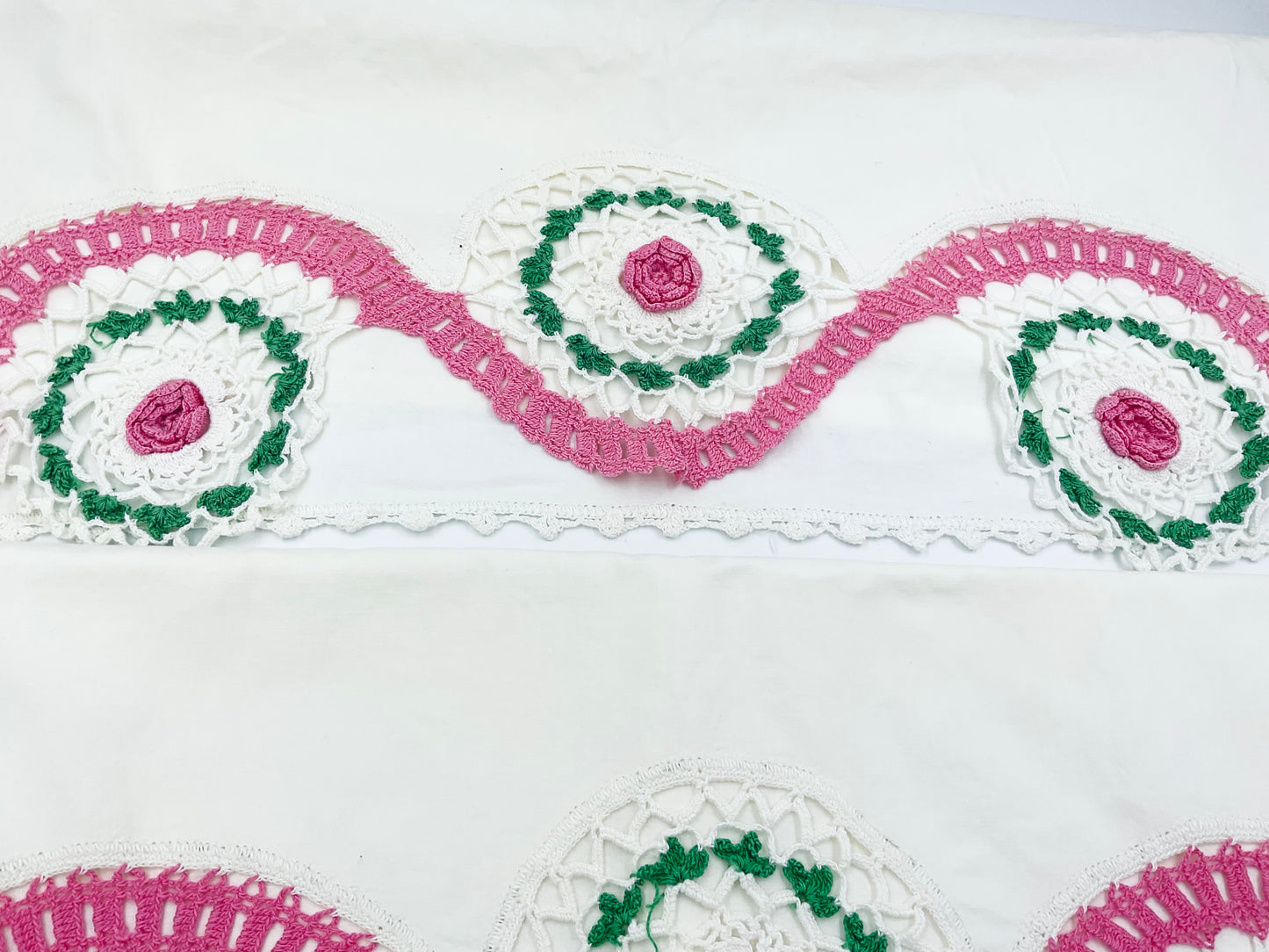 Vintage Pink & White Hand Crocheted Cotton Pillow Cases - Set of 2