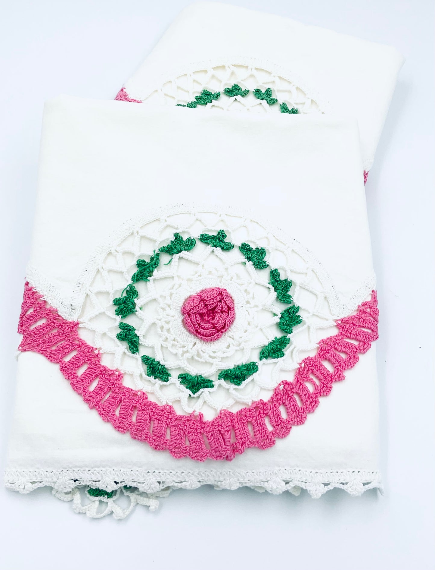 Vintage Pink & White Hand Crocheted Cotton Pillow Cases - Set of 2