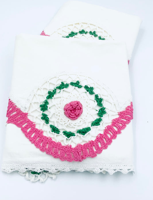 Vintage Pink & White Hand Crocheted Cotton Pillow Cases - Set of 2