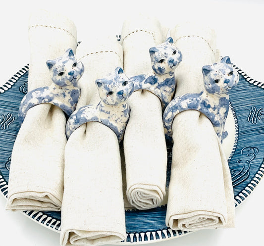 Vintage Katy's Country Charm Spongeware Cat Napkin Rings - Set of 4