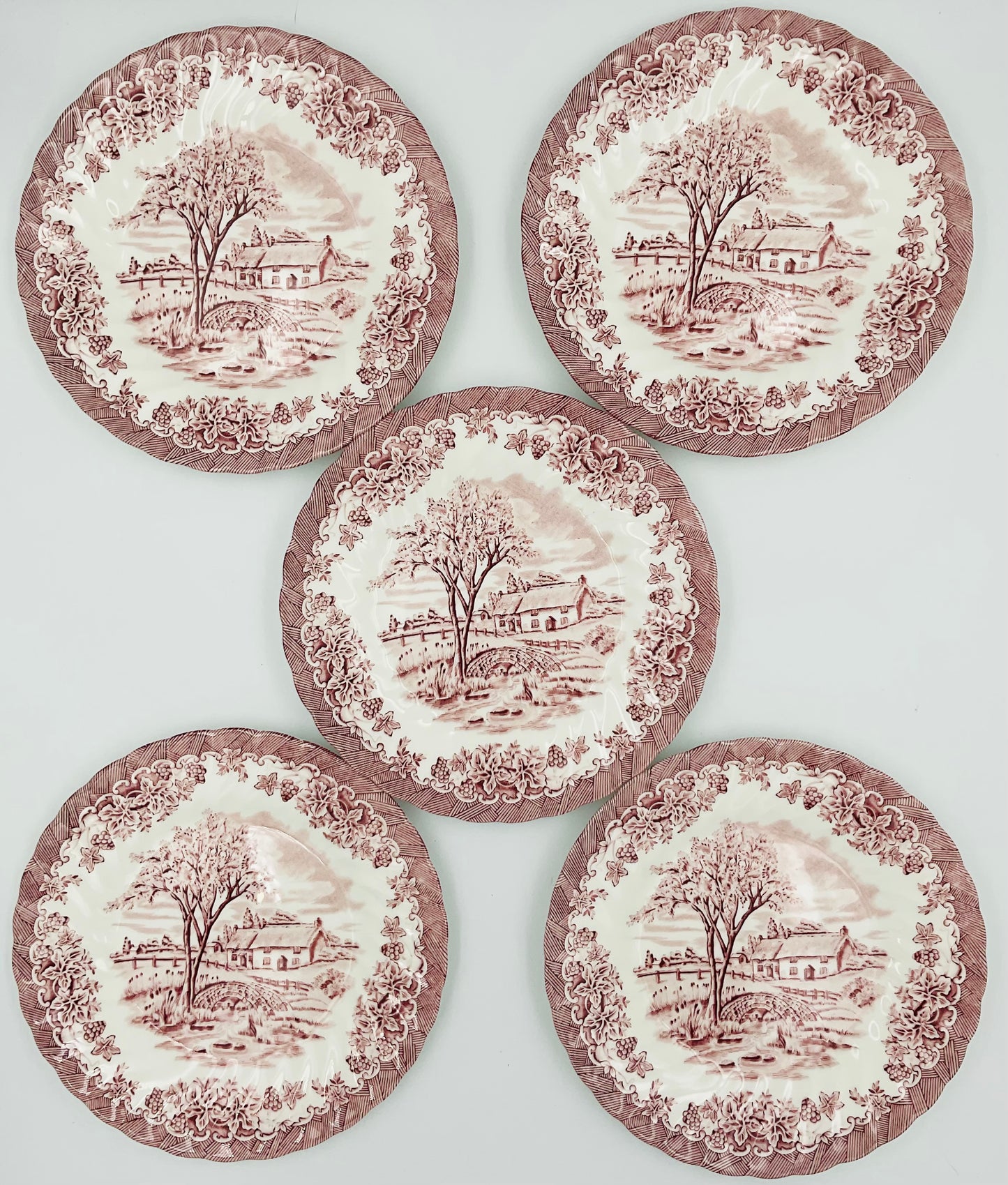 Vintage Queen's "Brook Pink" Queens Transferware Plates - Set of 5