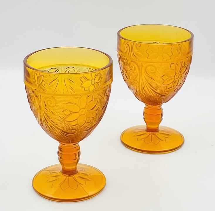 Vintage Tiara Chantilly Daisy Sandwich Amber Indiana Glass Footed Goblets - Set of 2
