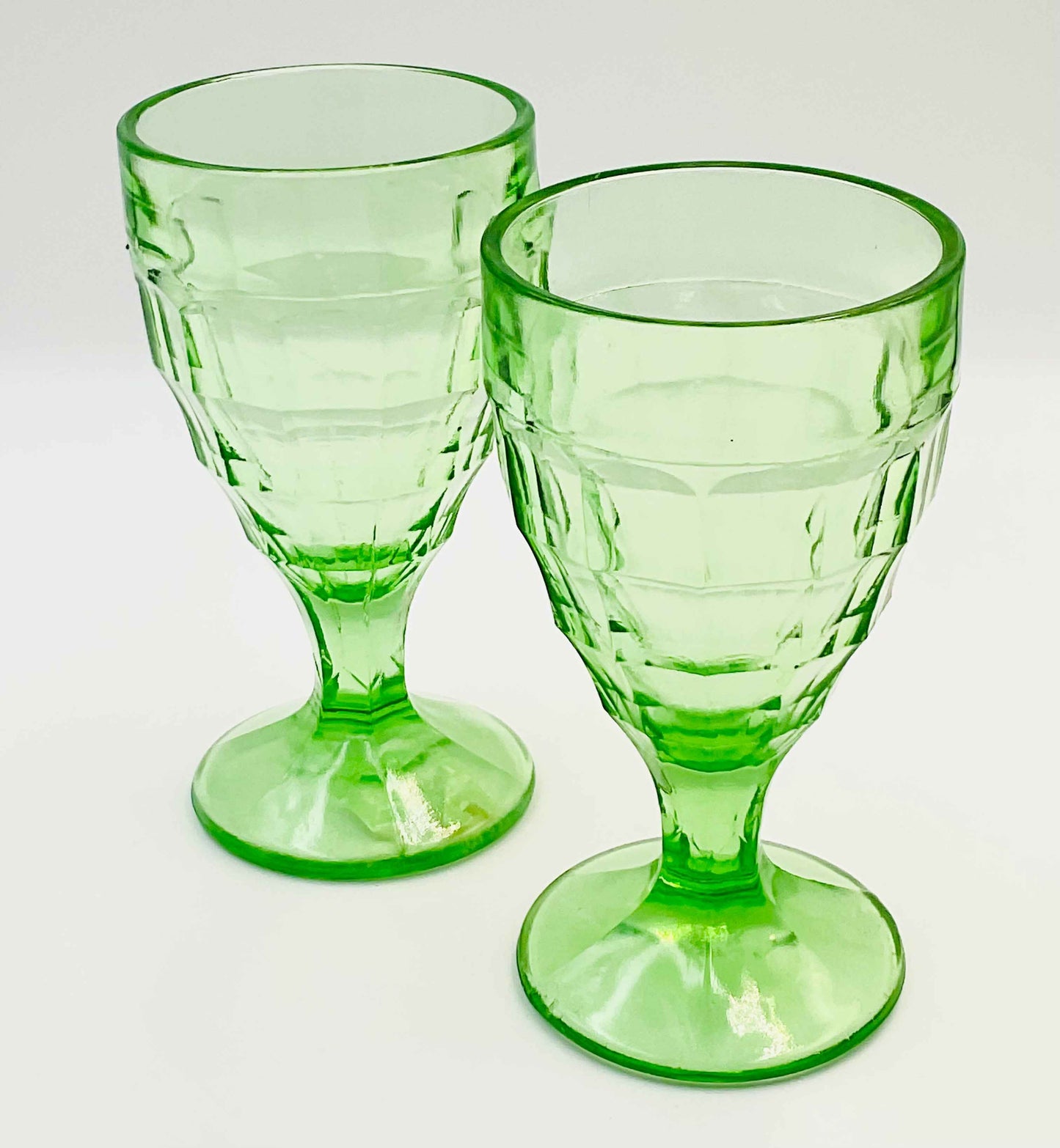 Vintage Hazel Atlas Green Colonial Block Pattern Water Goblets | Set of 2