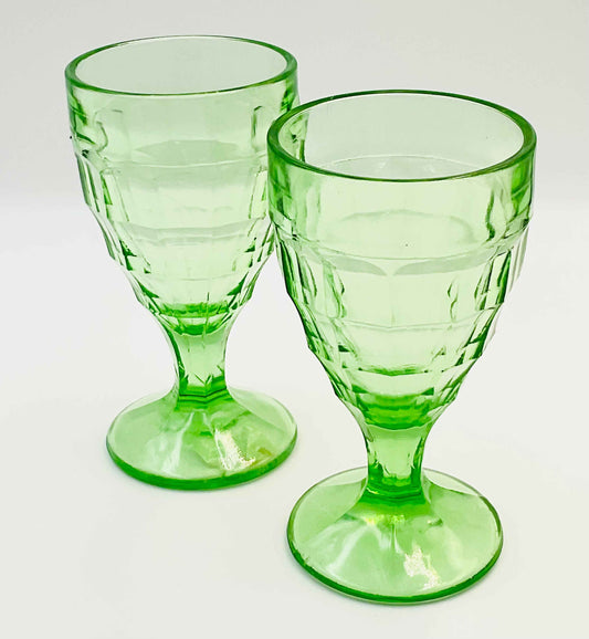 Vintage Hazel Atlas Green Colonial Block Pattern Water Goblets | Set of 2