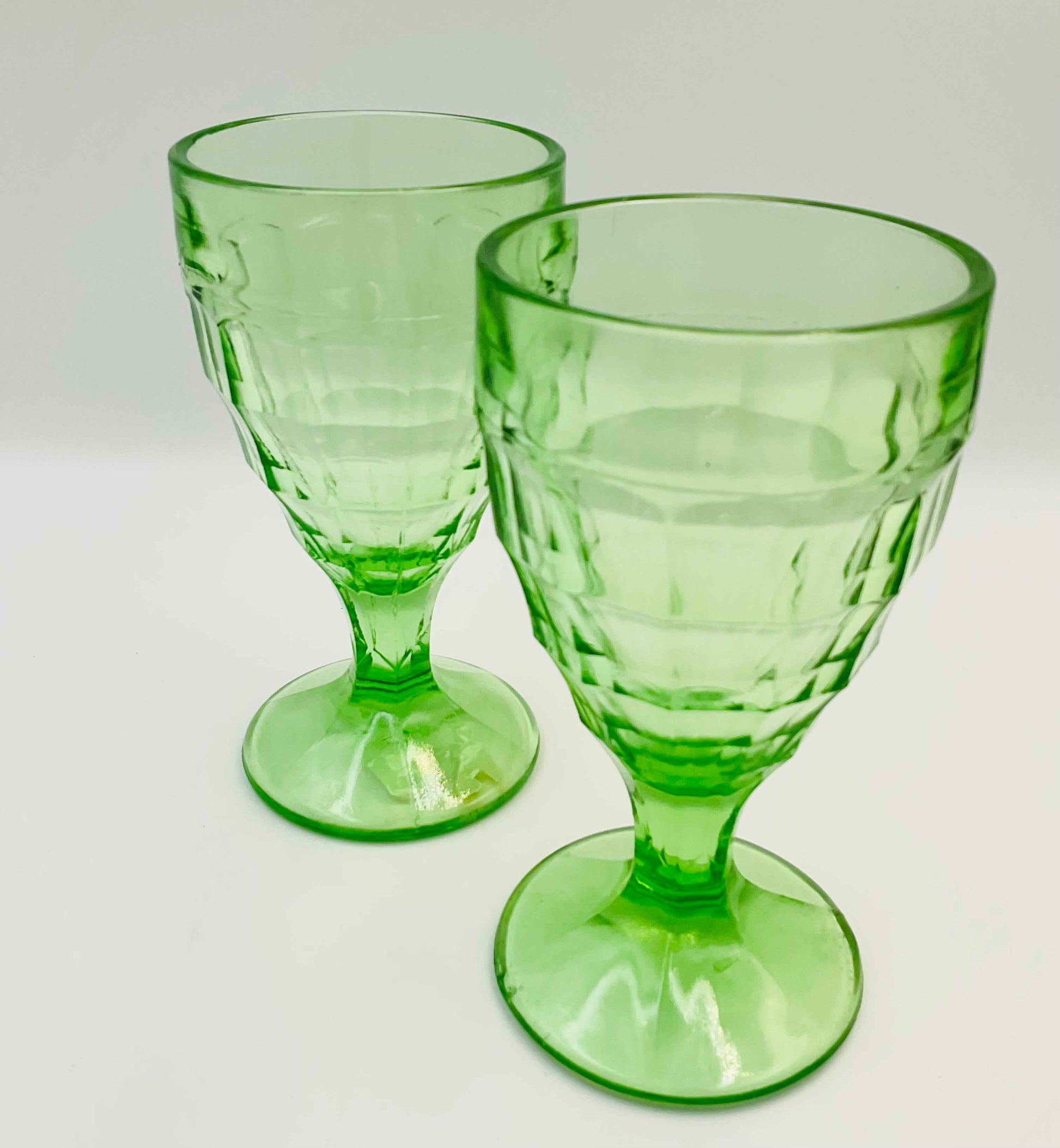 Vintage Hazel Atlas Green Colonial Block Pattern Water Goblets | Set of 2