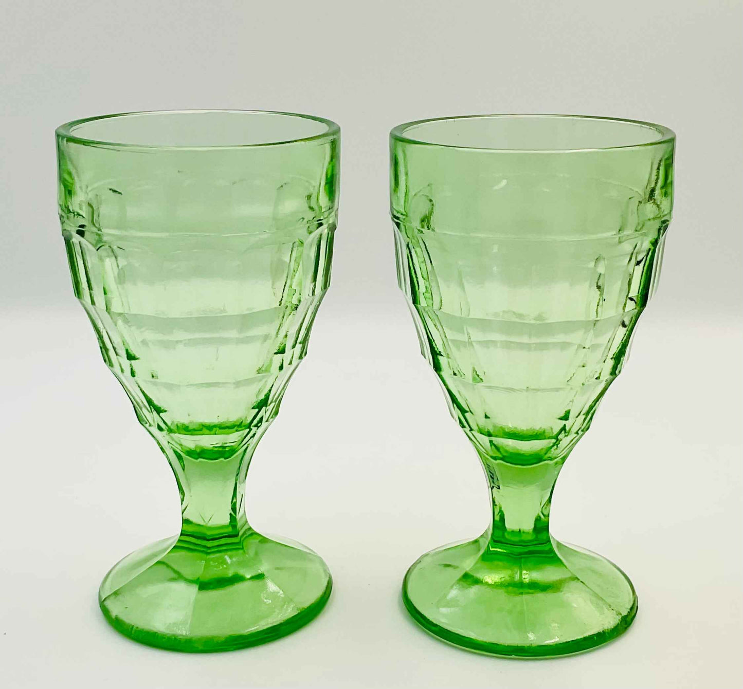 Vintage Hazel Atlas Green Colonial Block Pattern Water Goblets | Set of 2