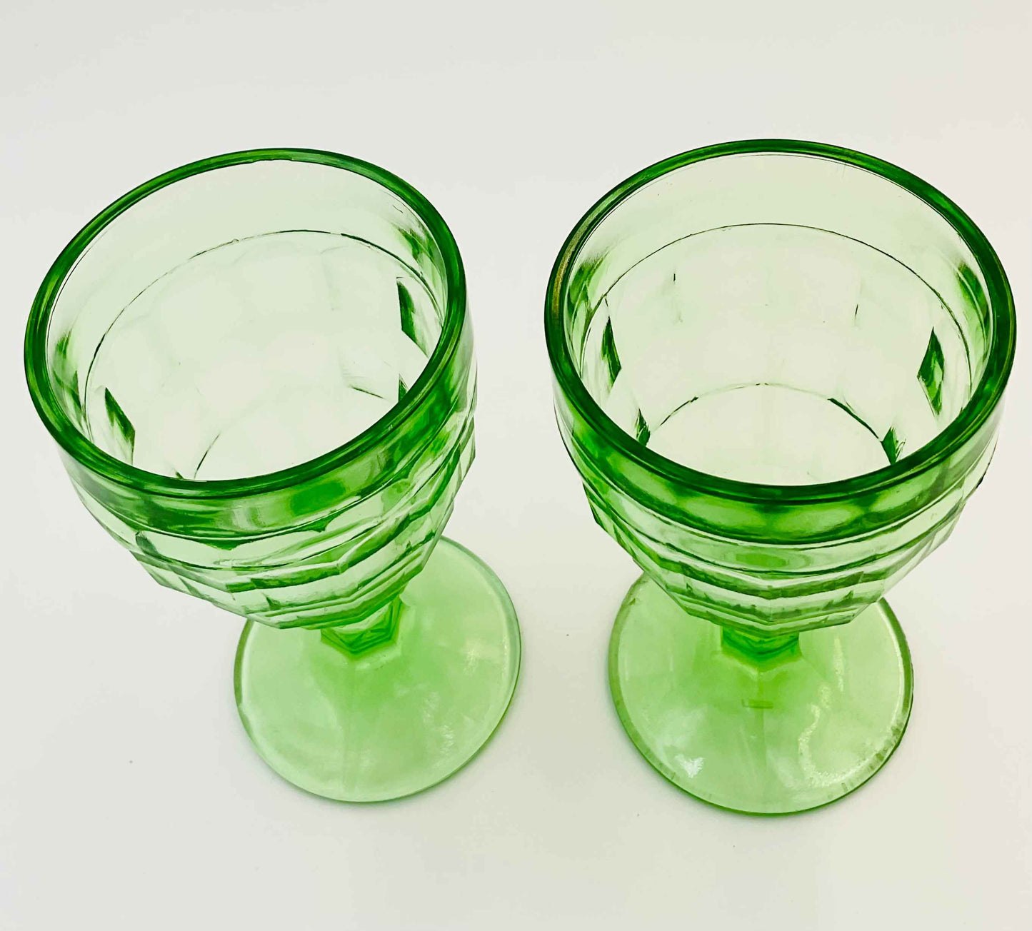 Vintage Hazel Atlas Green Colonial Block Pattern Water Goblets | Set of 2