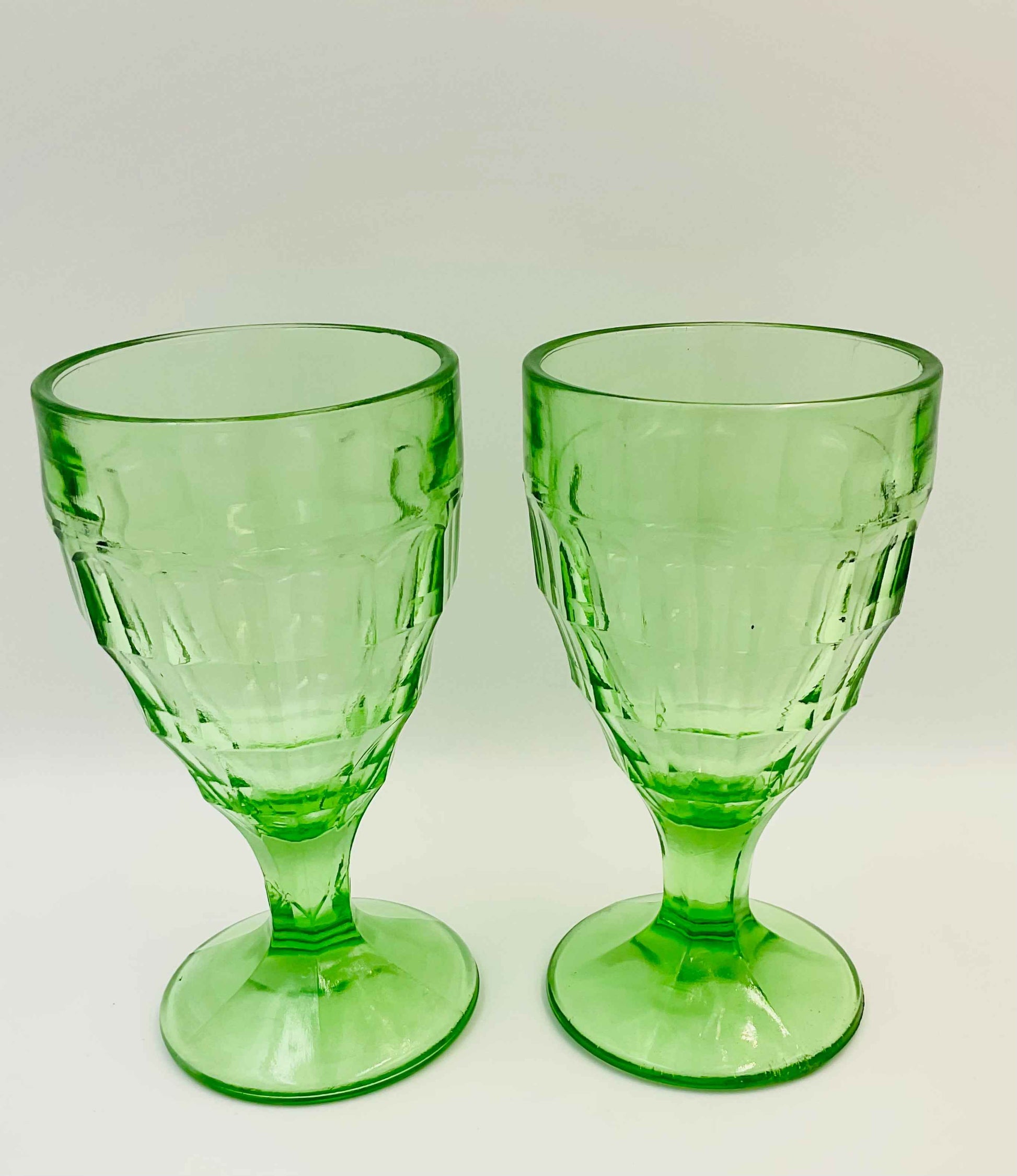 Vintage Hazel Atlas Green Colonial Block Pattern Water Goblets | Set of 2