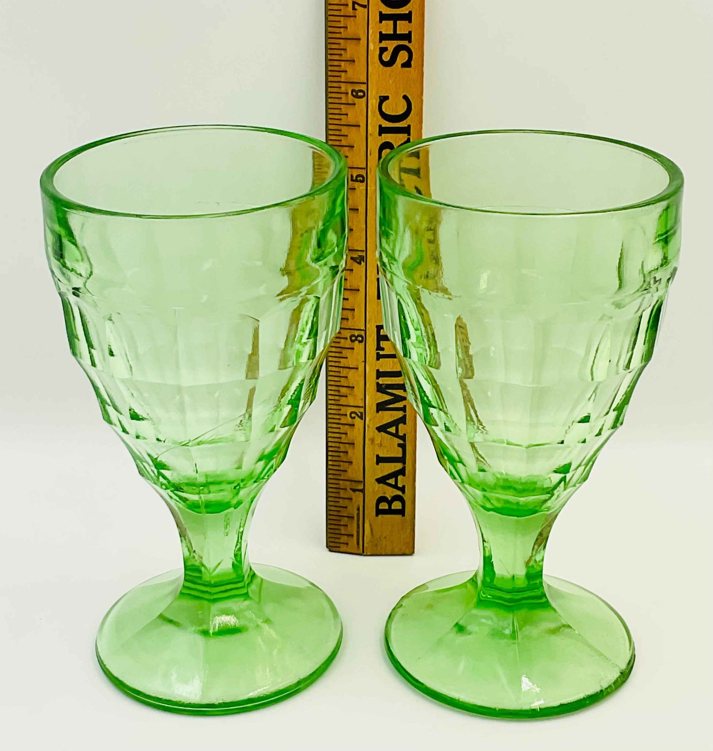 Vintage Hazel Atlas Green Colonial Block Pattern Water Goblets | Set of 2
