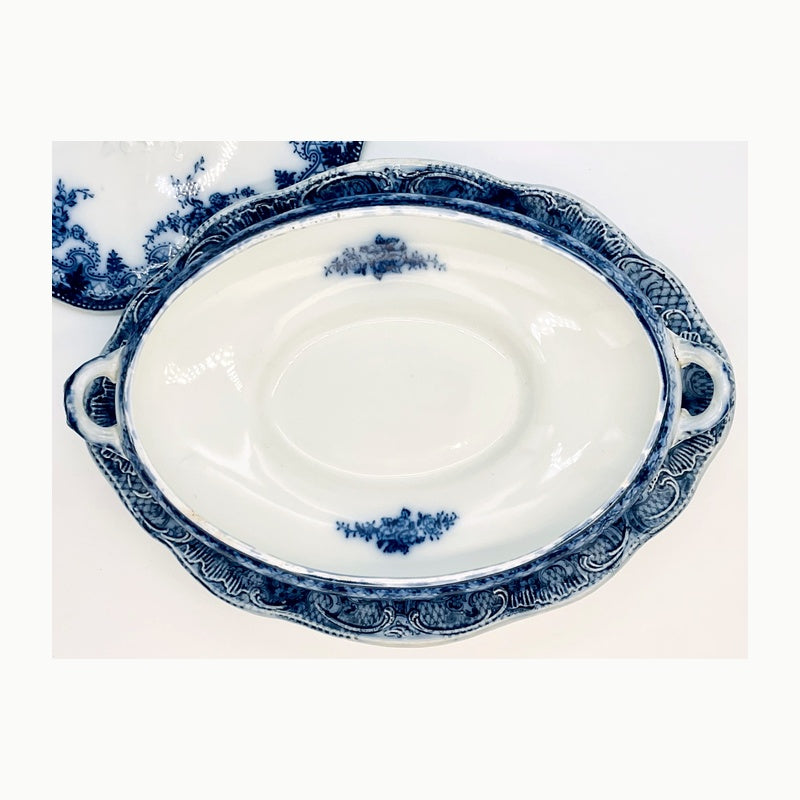 Antique New Wharf Flow Blue Covered Tureen with Underplate | English Victorian Transferware