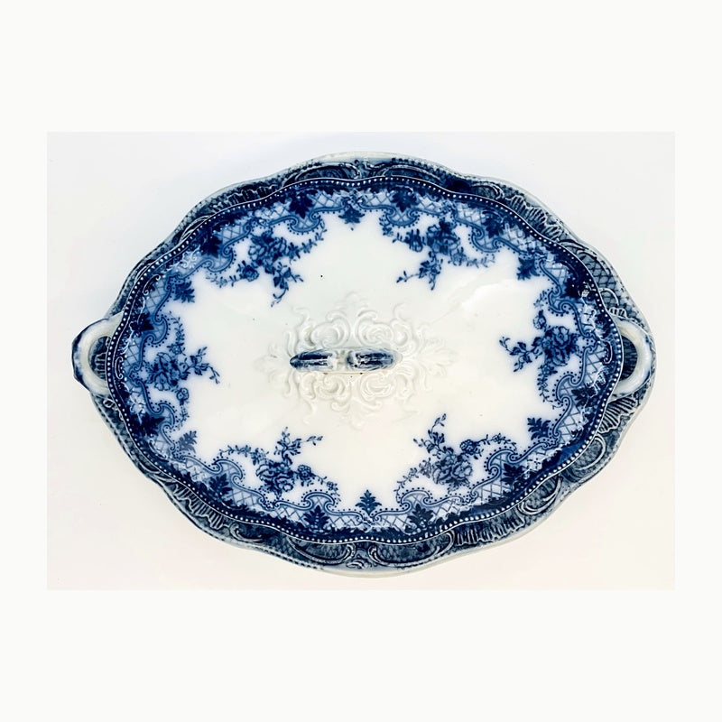 Antique New Wharf Flow Blue Covered Tureen with Underplate | English Victorian Transferware
