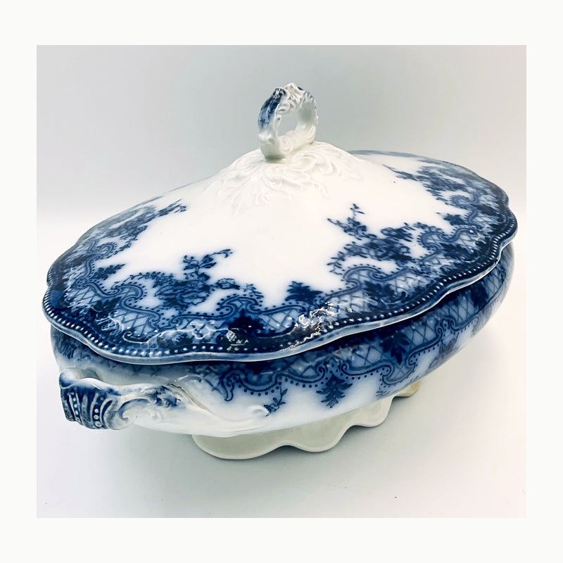 Antique New Wharf Flow Blue Covered Tureen with Underplate | English Victorian Transferware