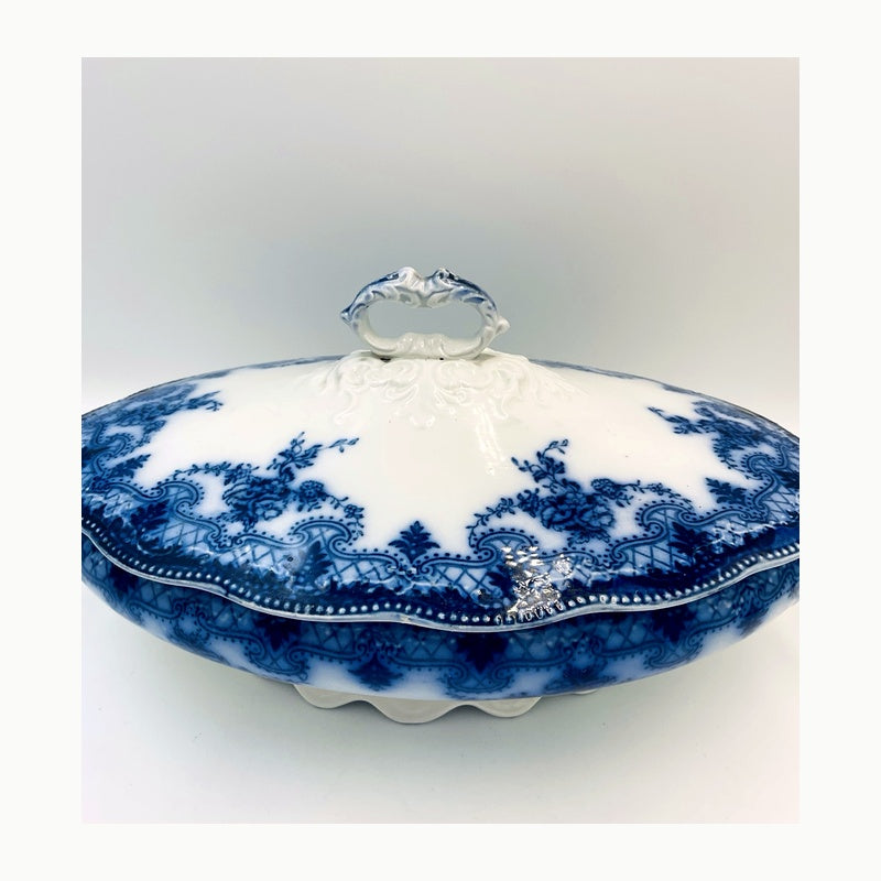 Antique New Wharf Flow Blue Covered Tureen with Underplate | English Victorian Transferware