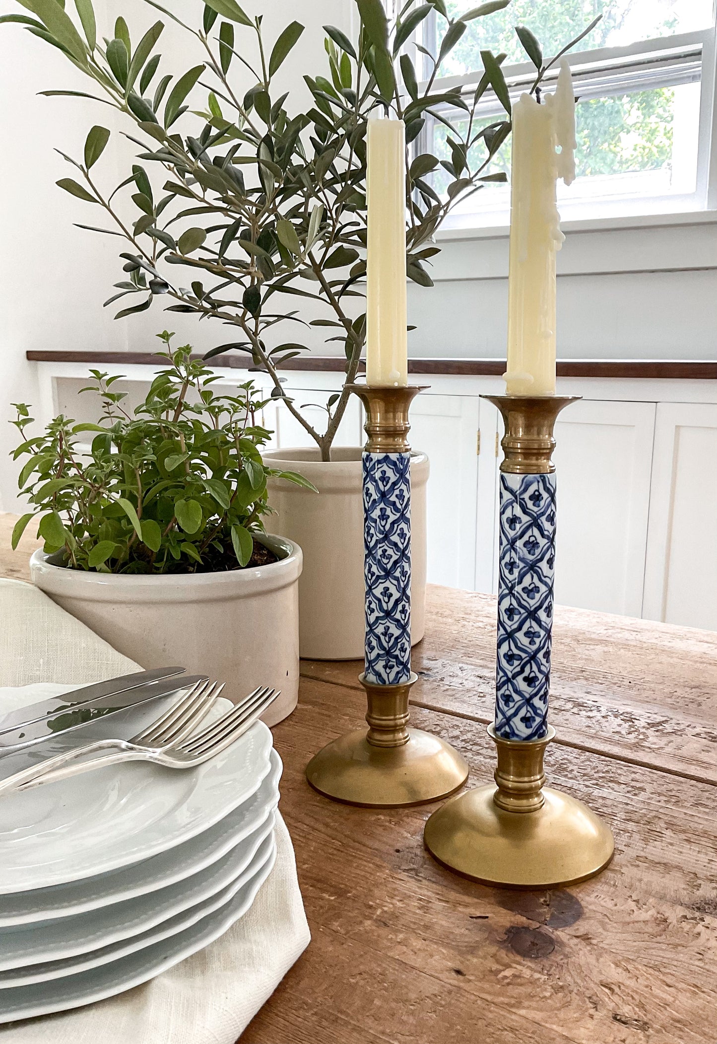 Vintage Brass & Blue and White Porcelain Chinoiserie Candlesticks