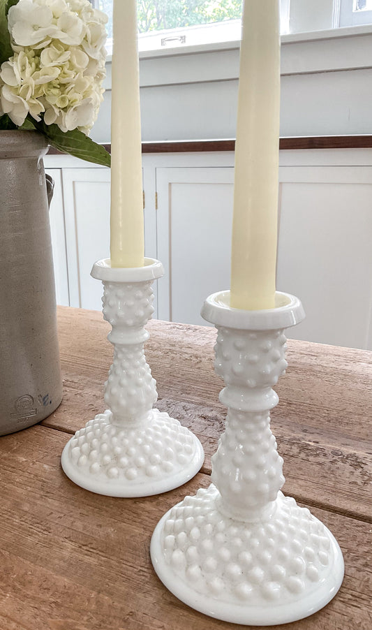 Vintage White Milk Glass Hobnail Candle Holders | Set of 2 | Cottage Farmhouse Decor | Taper Candlesticks