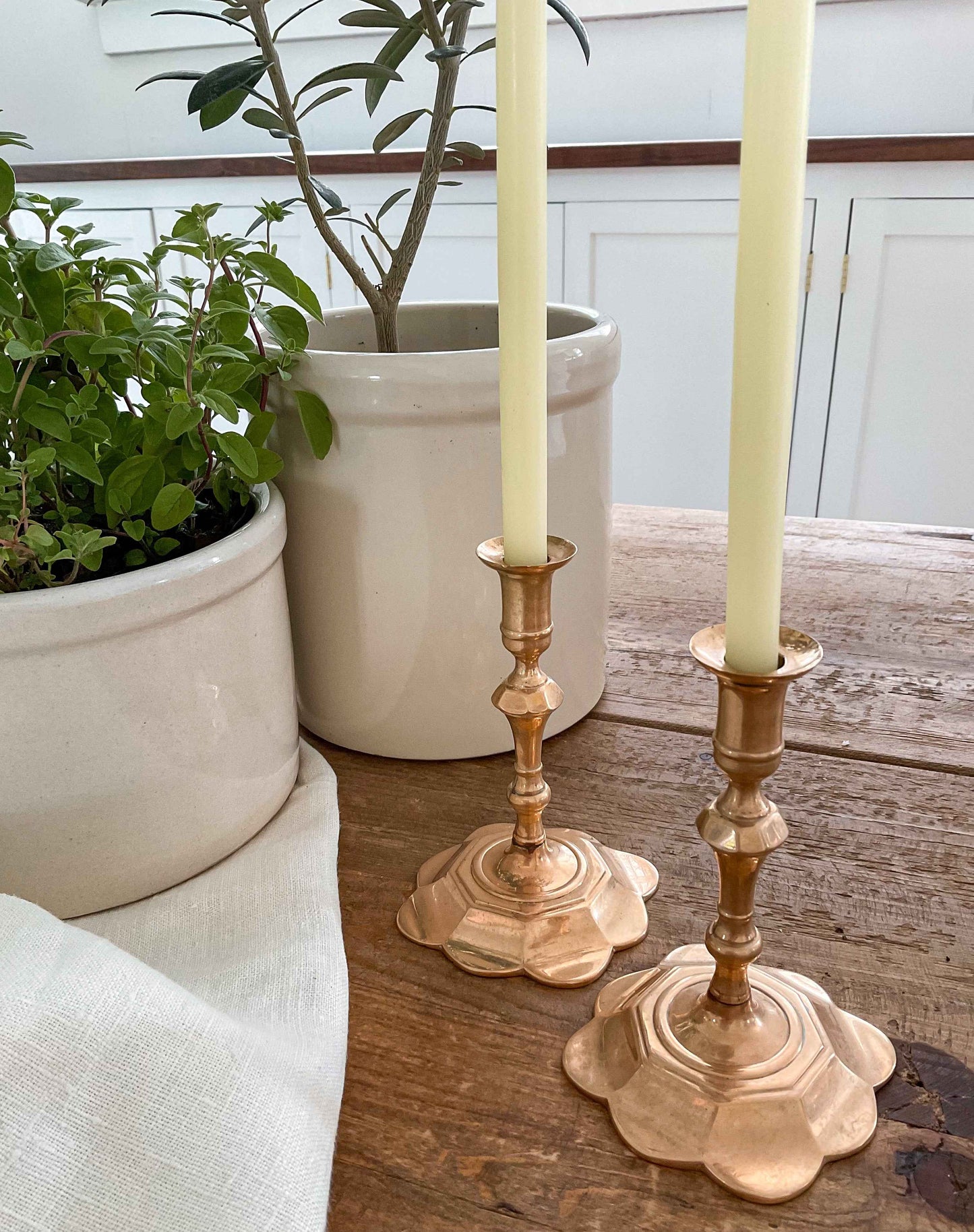 Vintage Berg Brass Candlesticks | Scalloped Floral Base Taper Holders, Set of 2